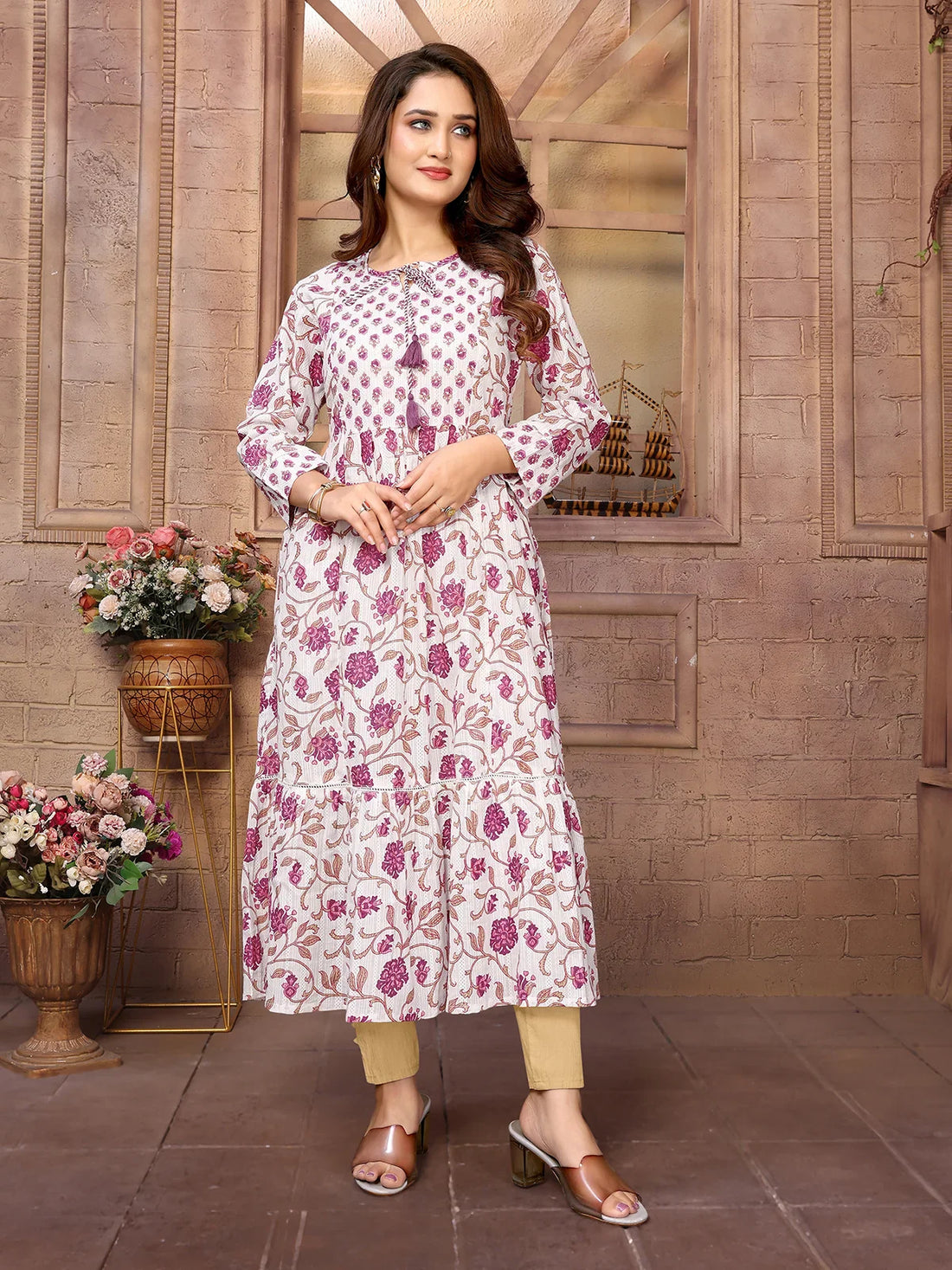 Buy Cotton Embroidered Calf Length Tiered Flared Kurta-Off White