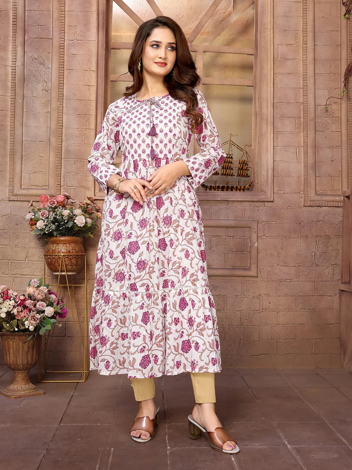 Buy Cotton Embroidered Calf Length Tiered Flared Kurta-Off White