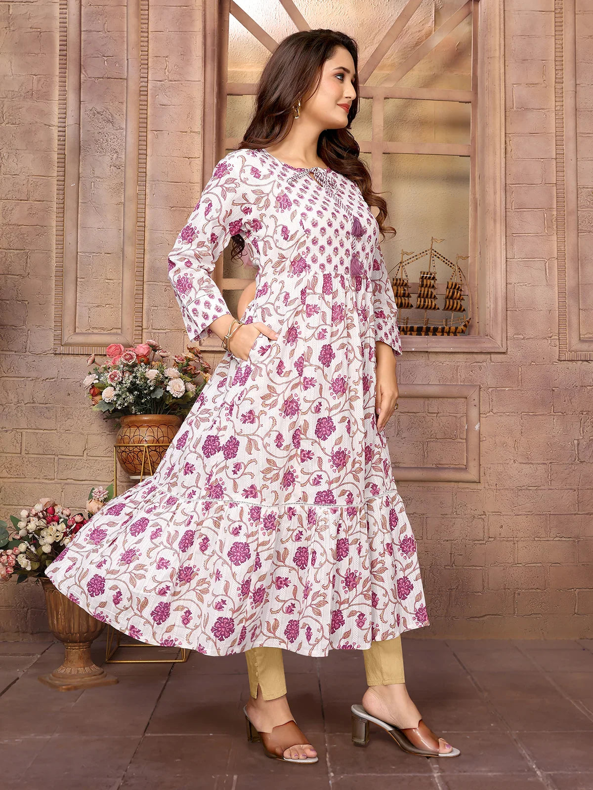 Buy Cotton Embroidered Calf Length Tiered Flared Kurta-Off White