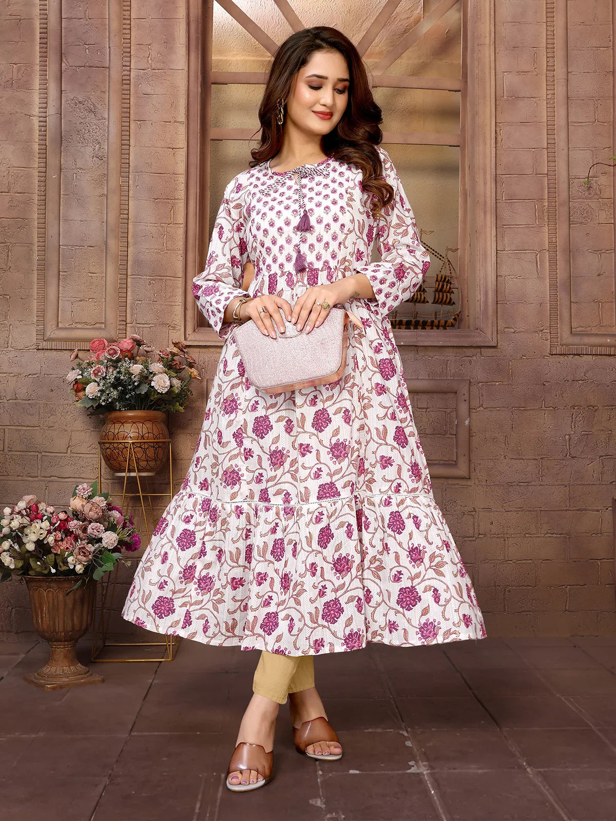 Buy Cotton Embroidered Calf Length Tiered Flared Kurta-Off White