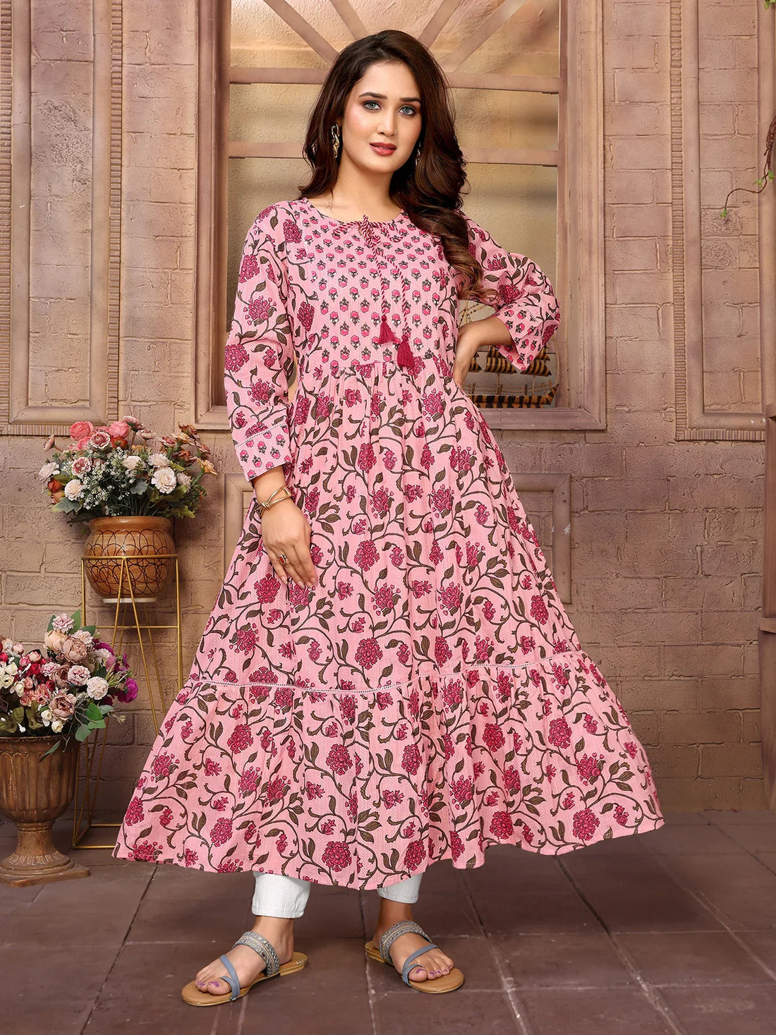 Buy Cotton Embroidered Calf Length Tiered Flared Kurta-Pink