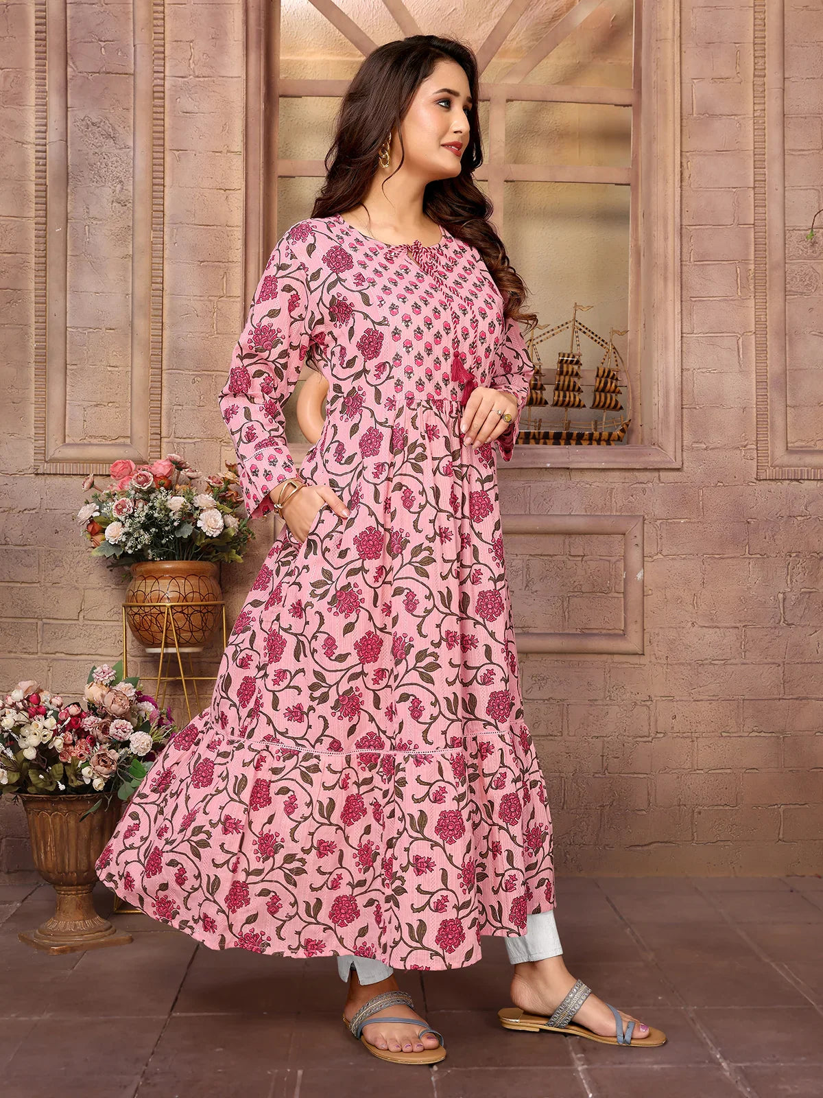 Buy Cotton Embroidered Calf Length Tiered Flared Kurta-Pink