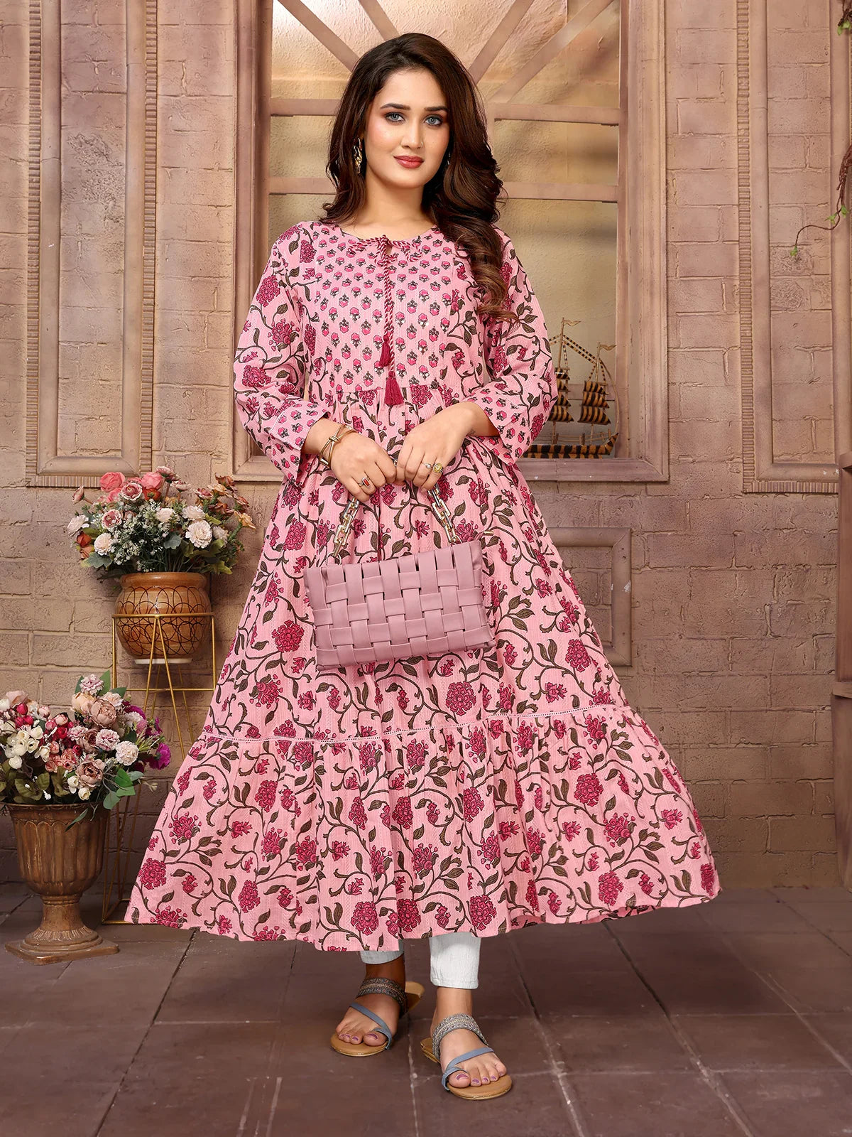 Buy Cotton Embroidered Calf Length Tiered Flared Kurta-Pink