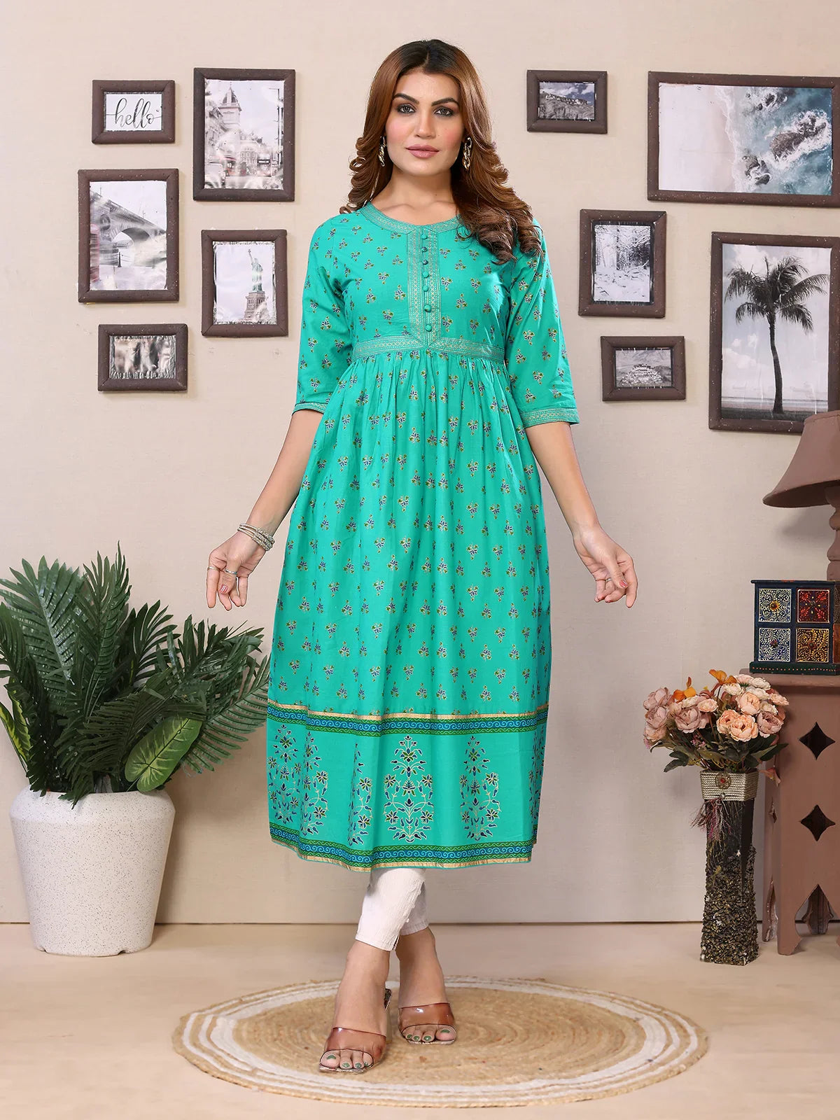 Buy Cotton Printed Calf Length Flared Kurta-Green