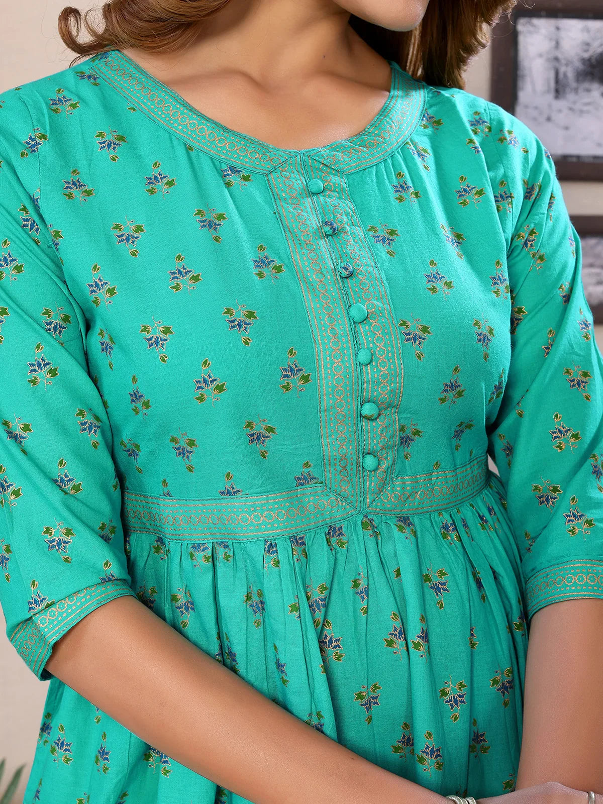 Buy Cotton Printed Calf Length Flared Kurta-Green