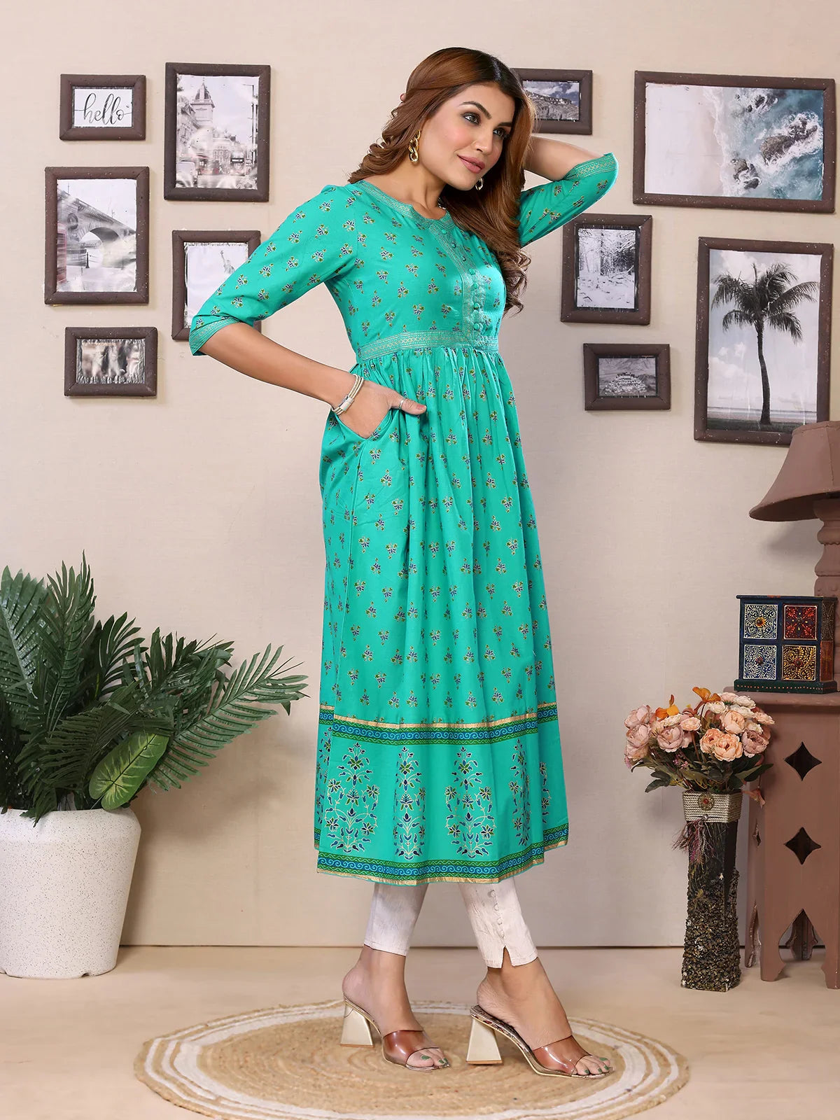 Buy Cotton Printed Calf Length Flared Kurta-Green