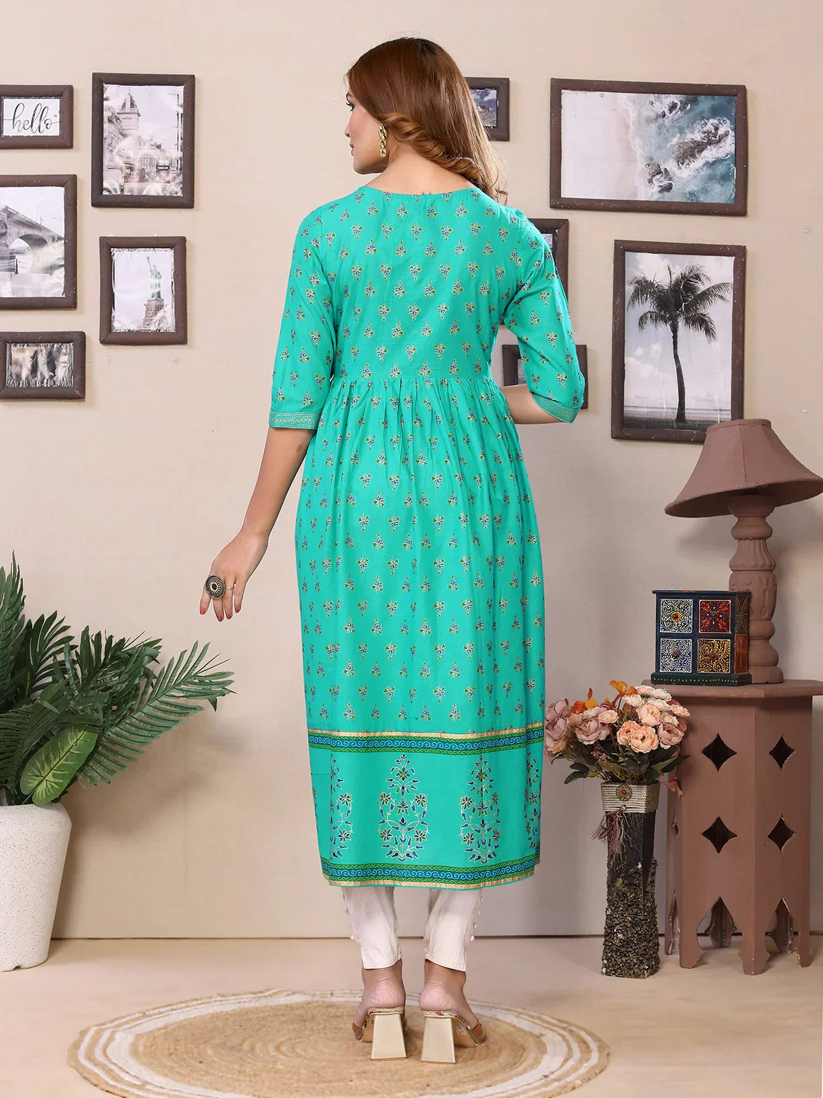 Buy Cotton Printed Calf Length Flared Kurta-Green