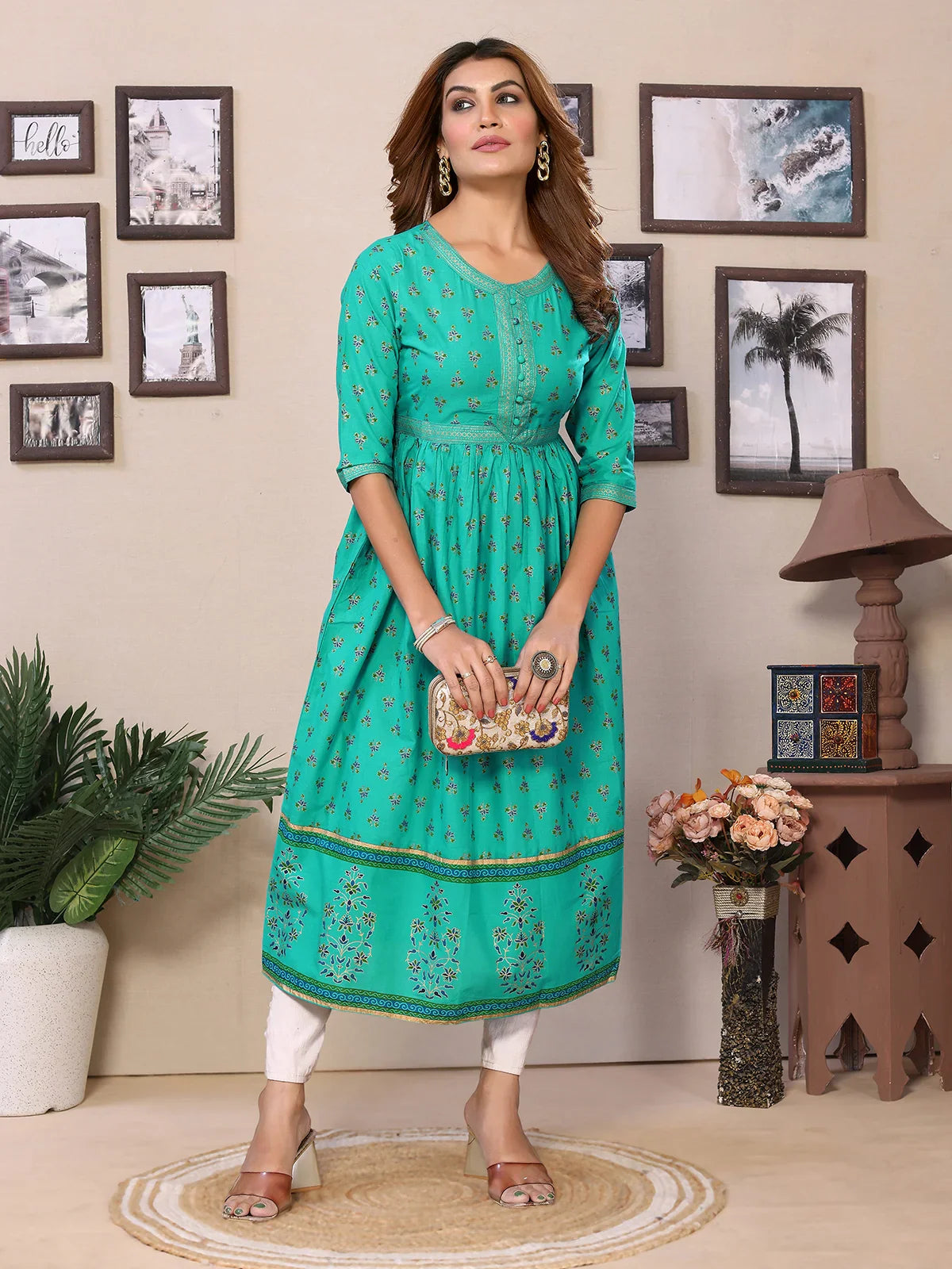 Buy Cotton Printed Calf Length Flared Kurta-Green