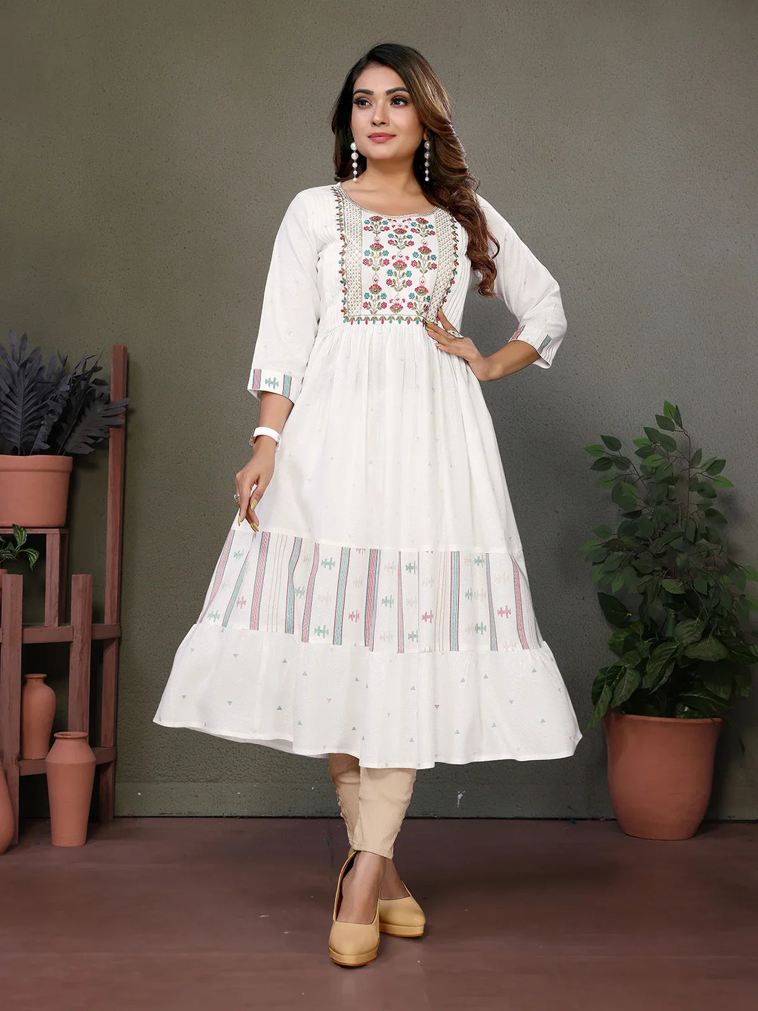 Buy Rayon Embroidered Calf Length Tiered Flared Kurta-Off White