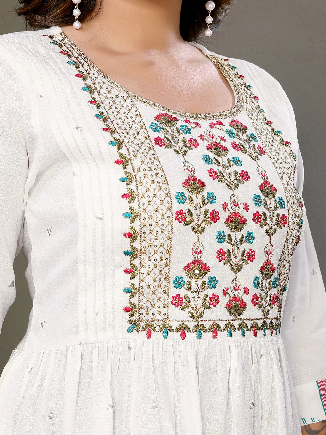 Buy Rayon Embroidered Calf Length Tiered Flared Kurta-Off White