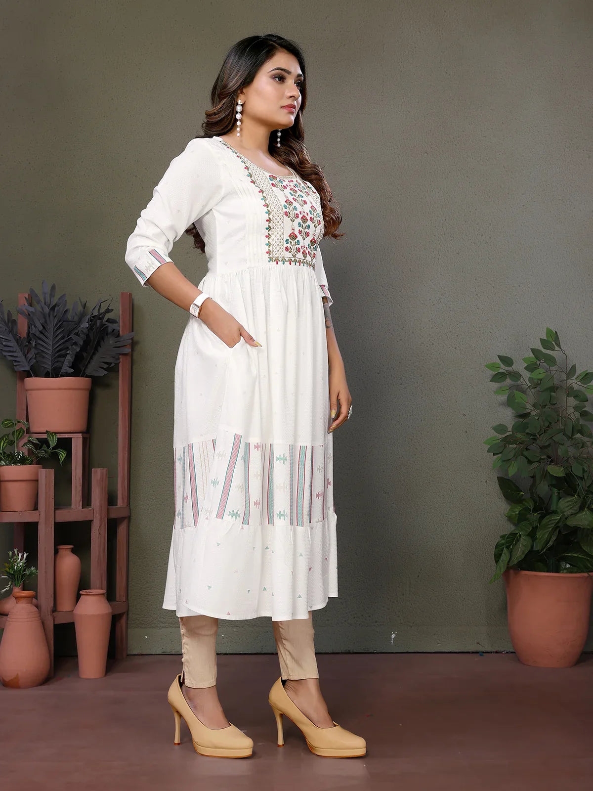 Buy Rayon Embroidered Calf Length Tiered Flared Kurta-Off White