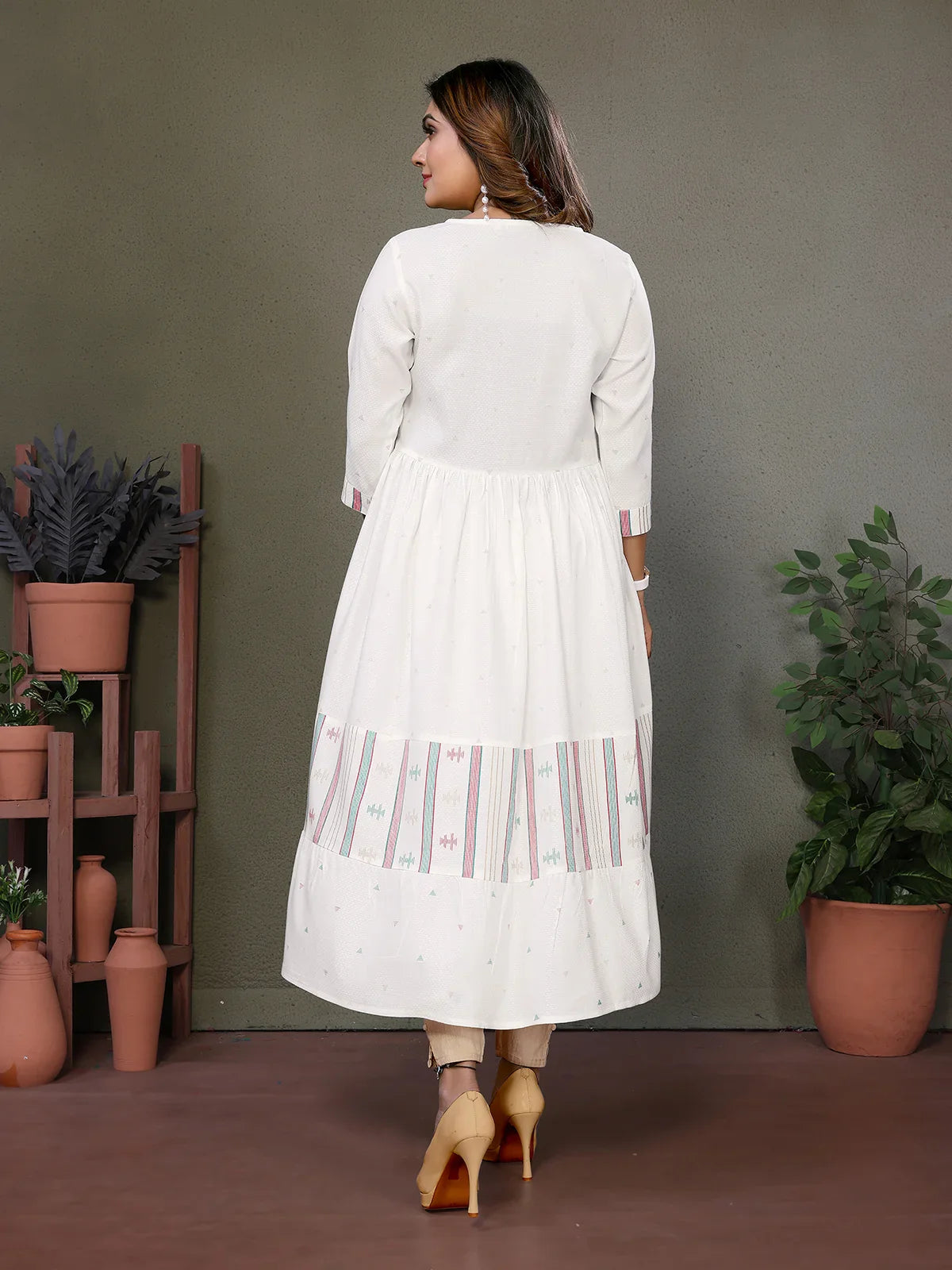 Buy Rayon Embroidered Calf Length Tiered Flared Kurta-Off White