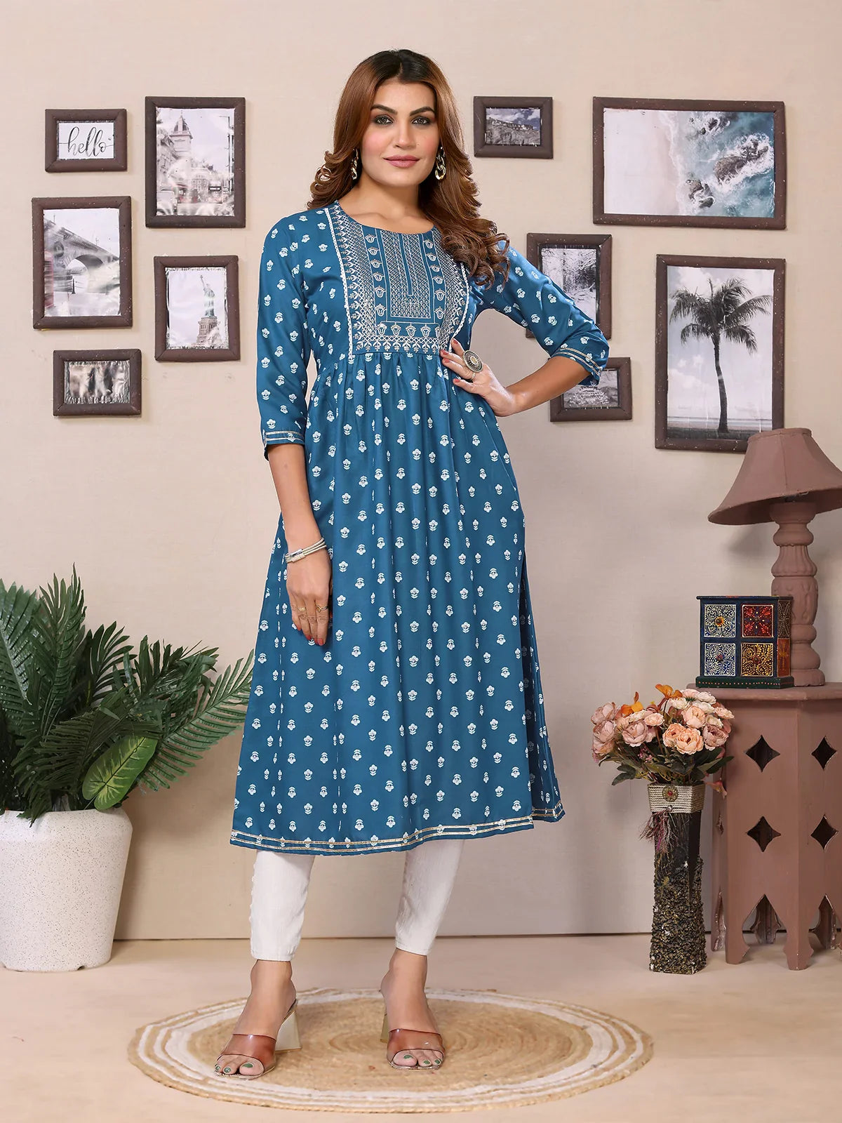 Buy Rayon Embroidered Calf Length Flared Kurta-Teal