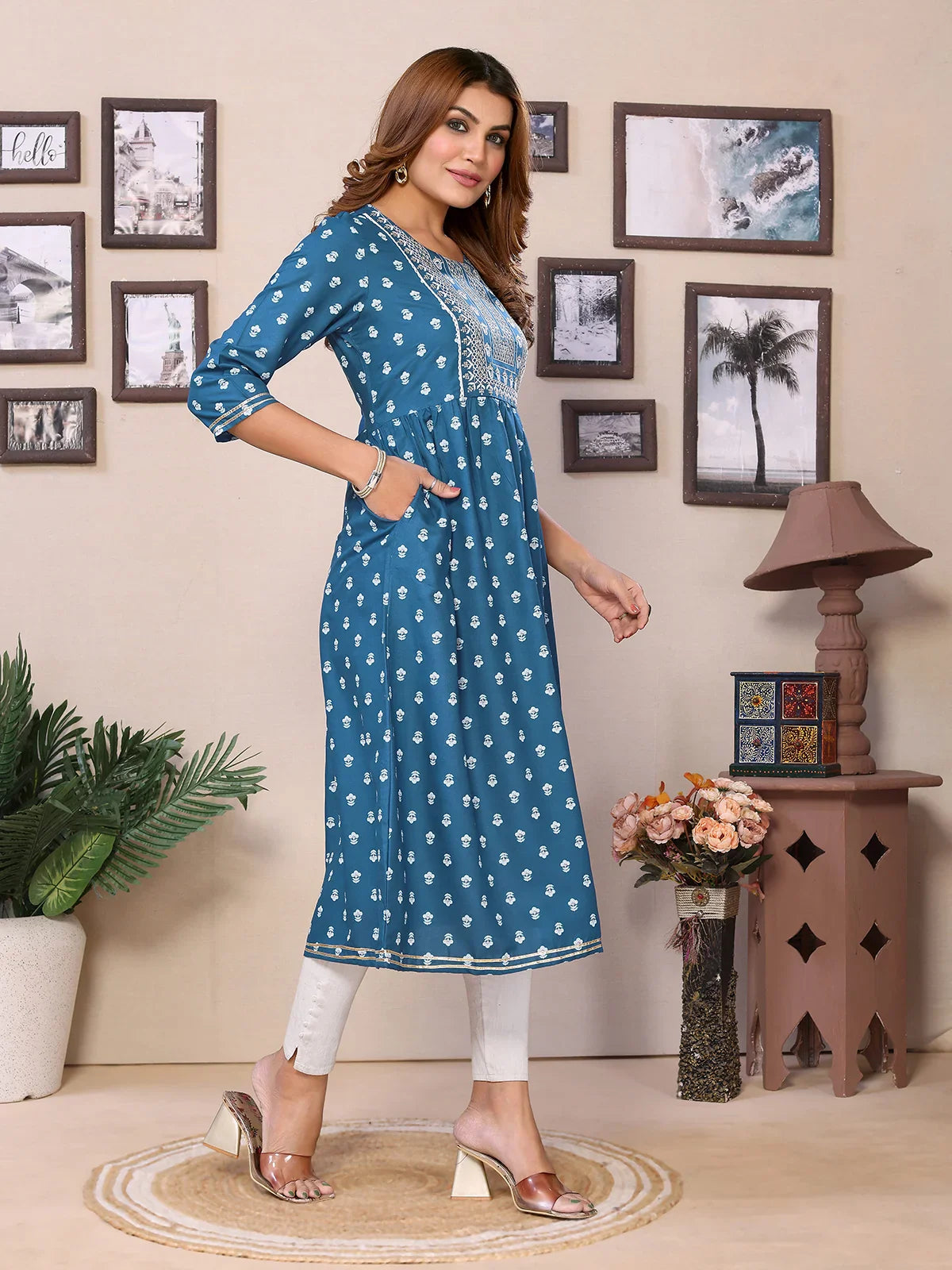 Buy Rayon Embroidered Calf Length Flared Kurta-Teal