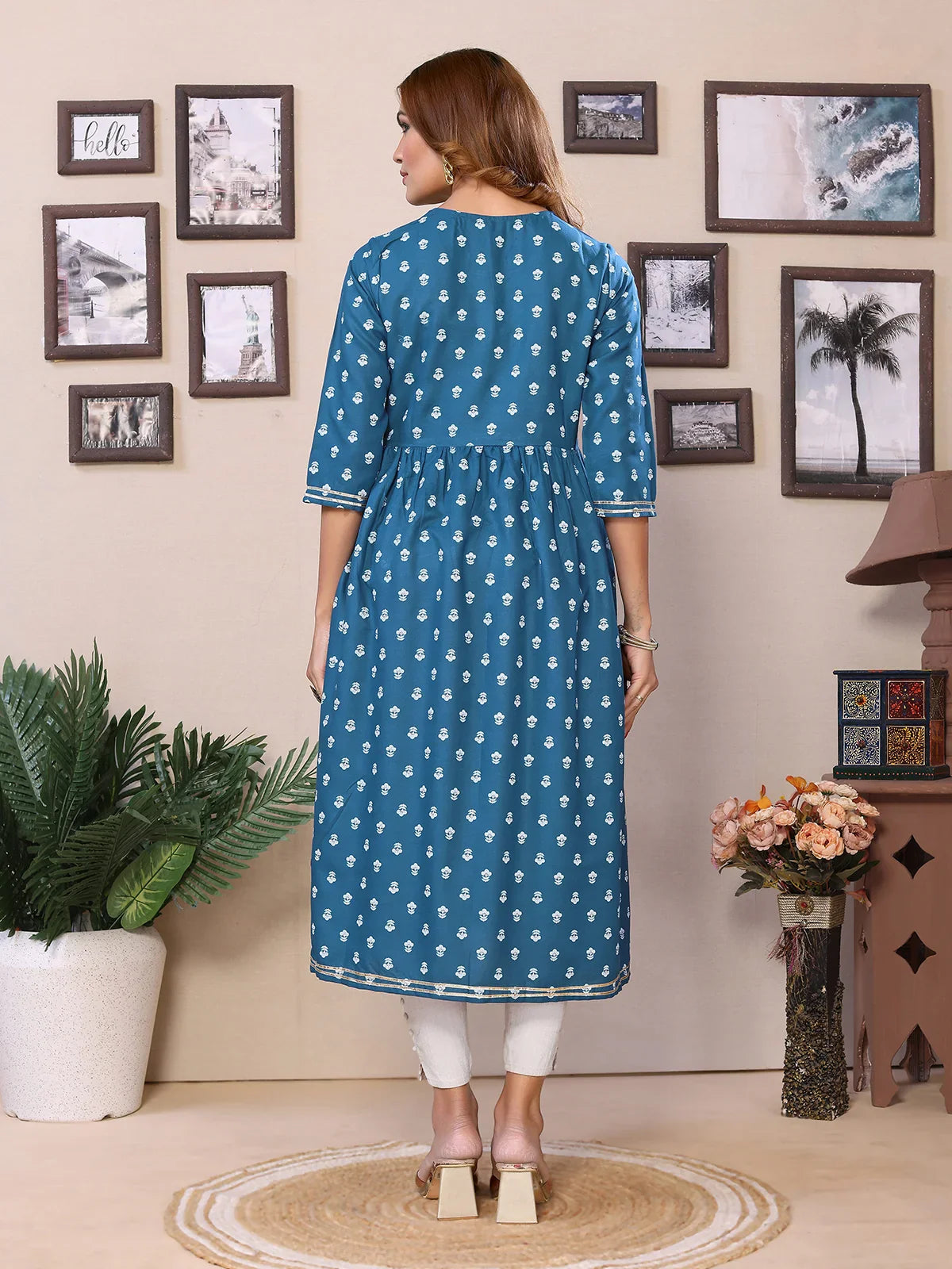 Buy Rayon Embroidered Calf Length Flared Kurta-Teal