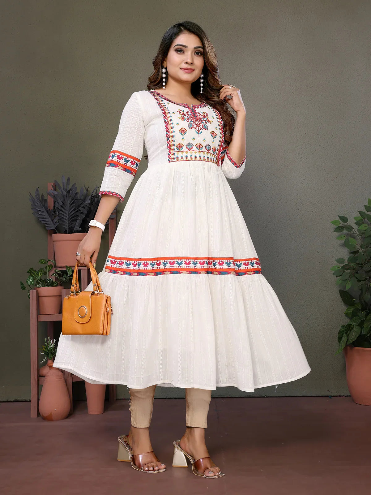 Buy Cotton Embroidered Calf Length Tiered Flared Kurta-Off White