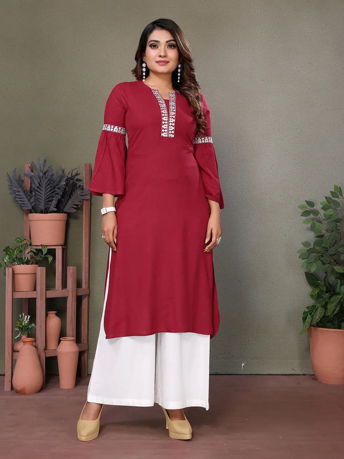 Buy Rayon Embroidered Calf Length Straight Kurta-Maroon