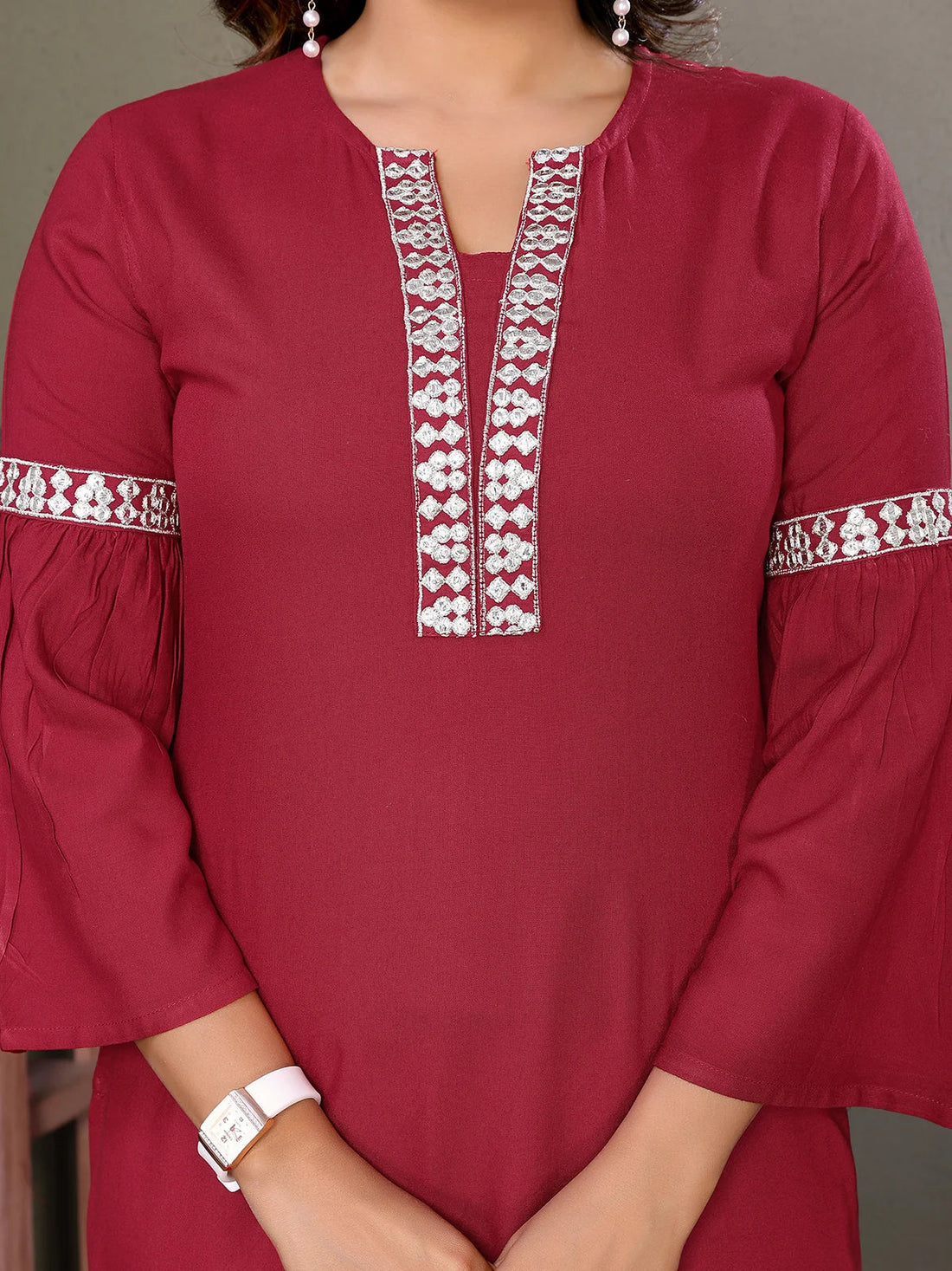 Buy Rayon Embroidered Calf Length Straight Kurta-Maroon