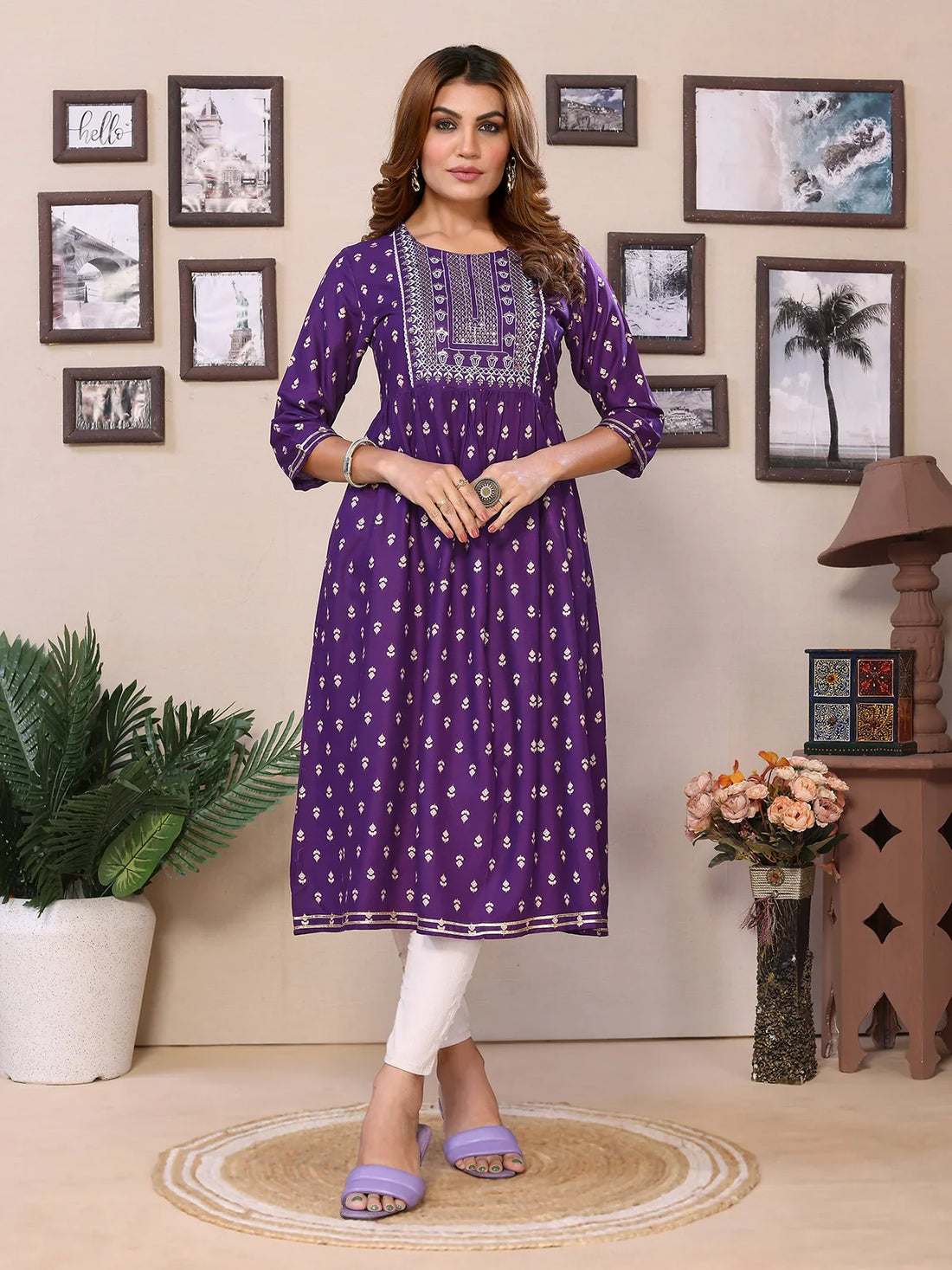 Buy Rayon Embroidered Calf Length Flared Kurta-Purple