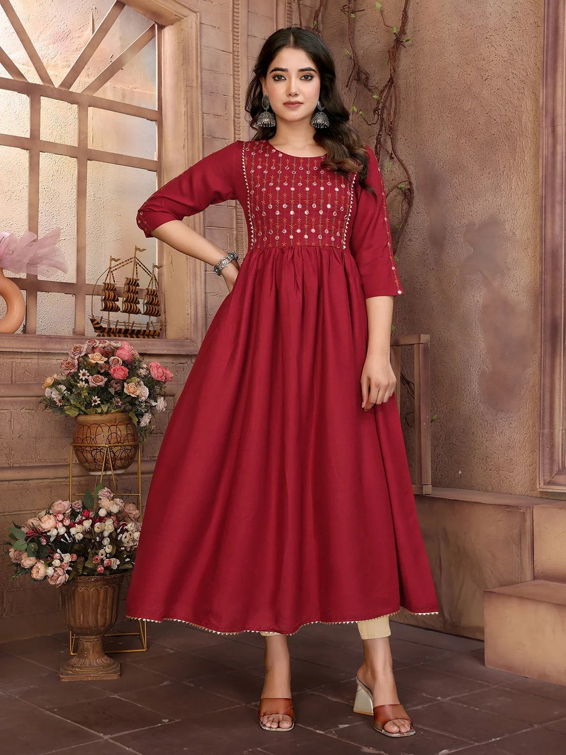 Buy Rayon Embroidered Calf Length Flared Kurta-Maroon