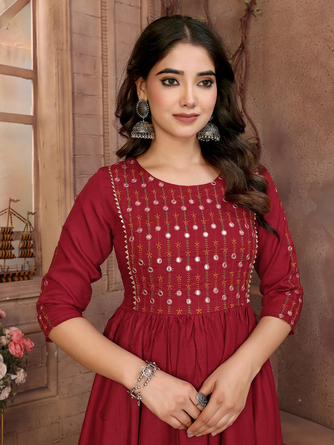 Buy Rayon Embroidered Calf Length Flared Kurta-Maroon