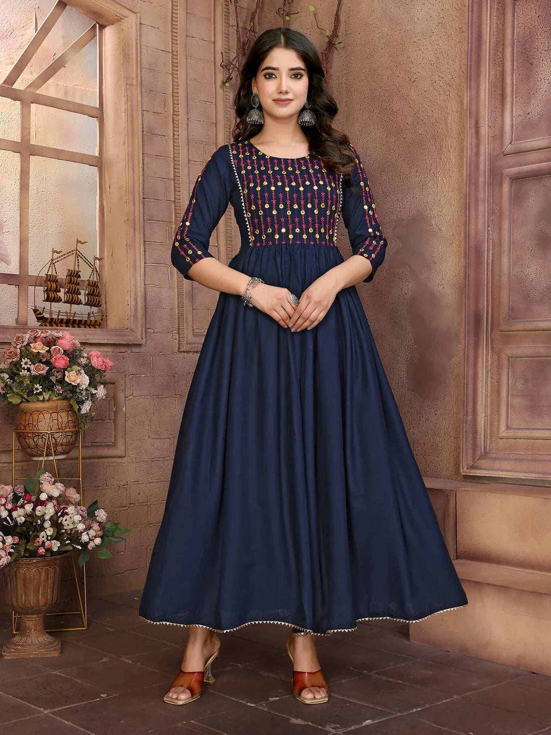 Buy Rayon Embroidered Calf Length Flared Kurta-Navy Blue