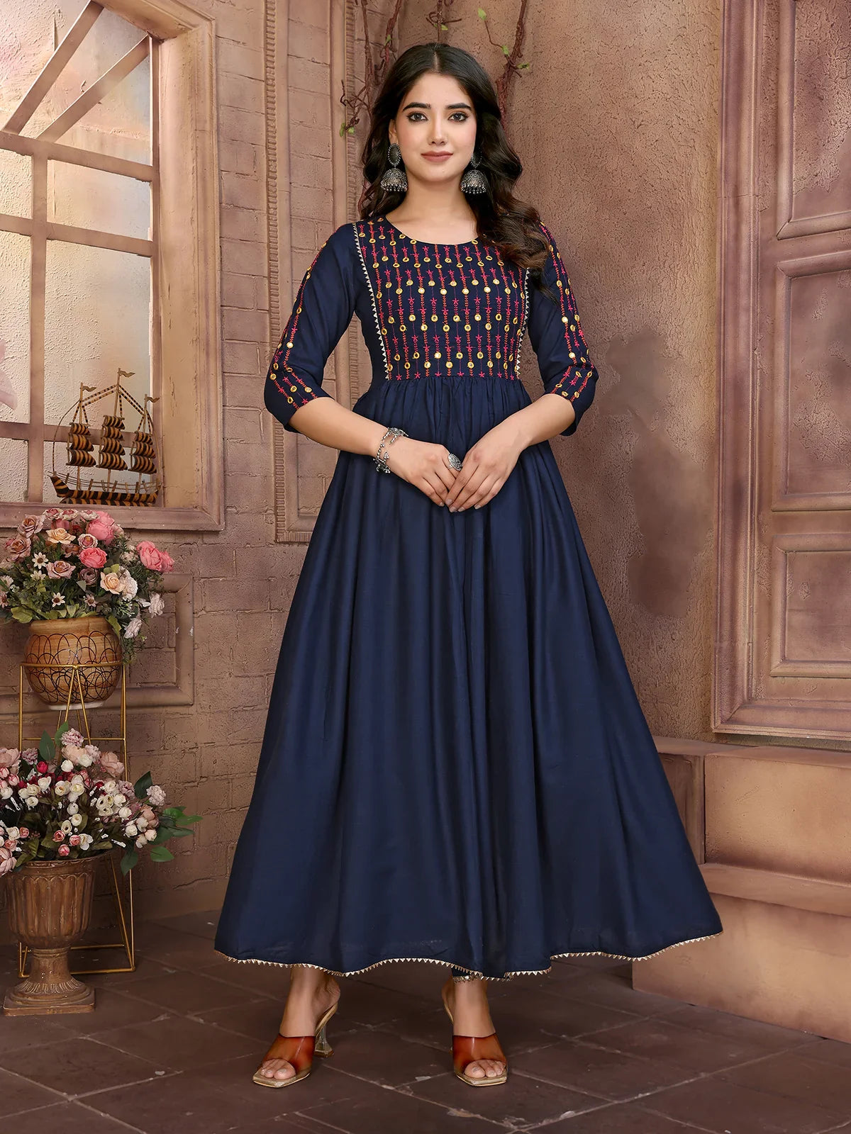 Buy Rayon Embroidered Calf Length Flared Kurta-Navy Blue