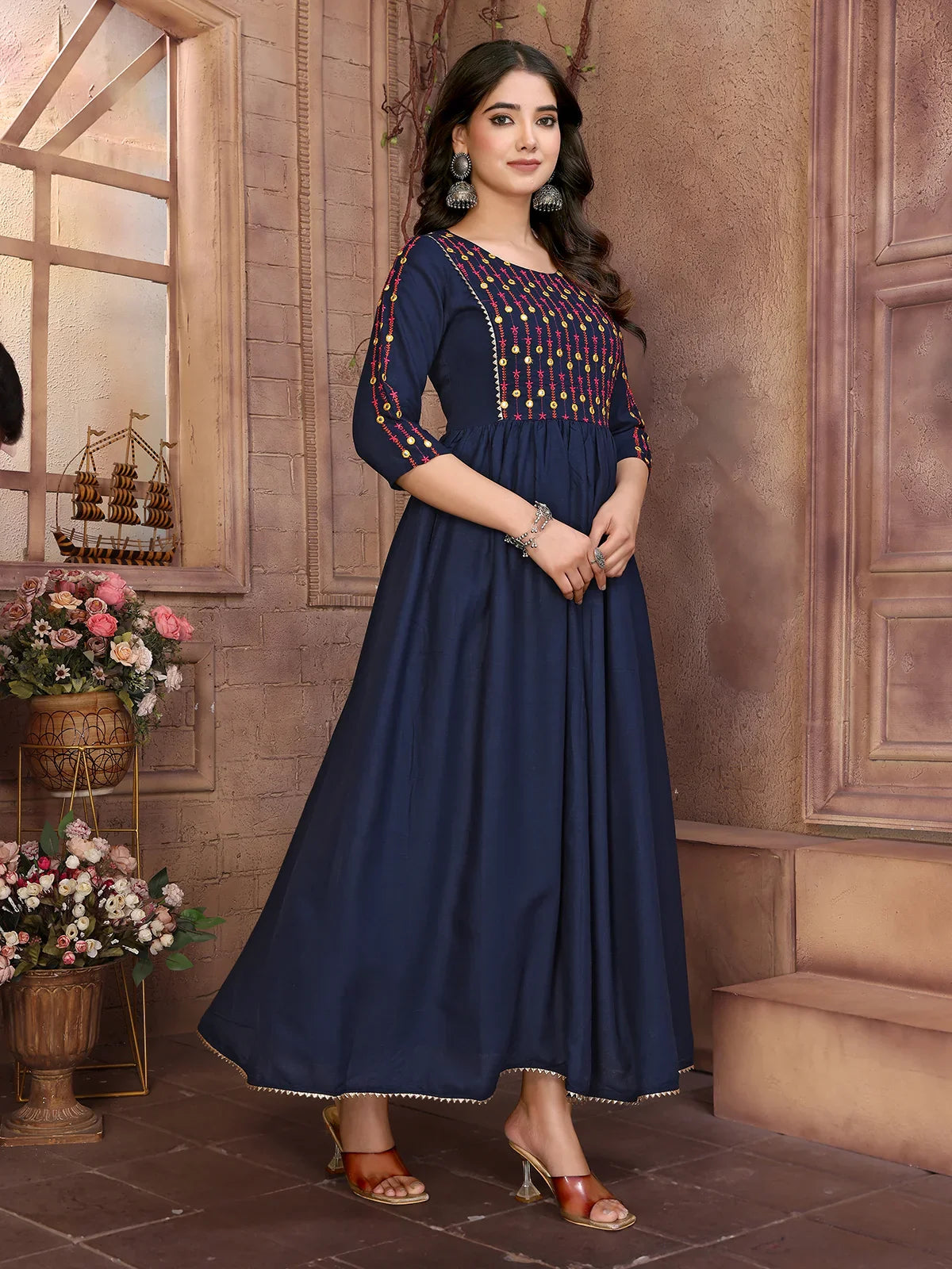 Buy Rayon Embroidered Calf Length Flared Kurta-Navy Blue