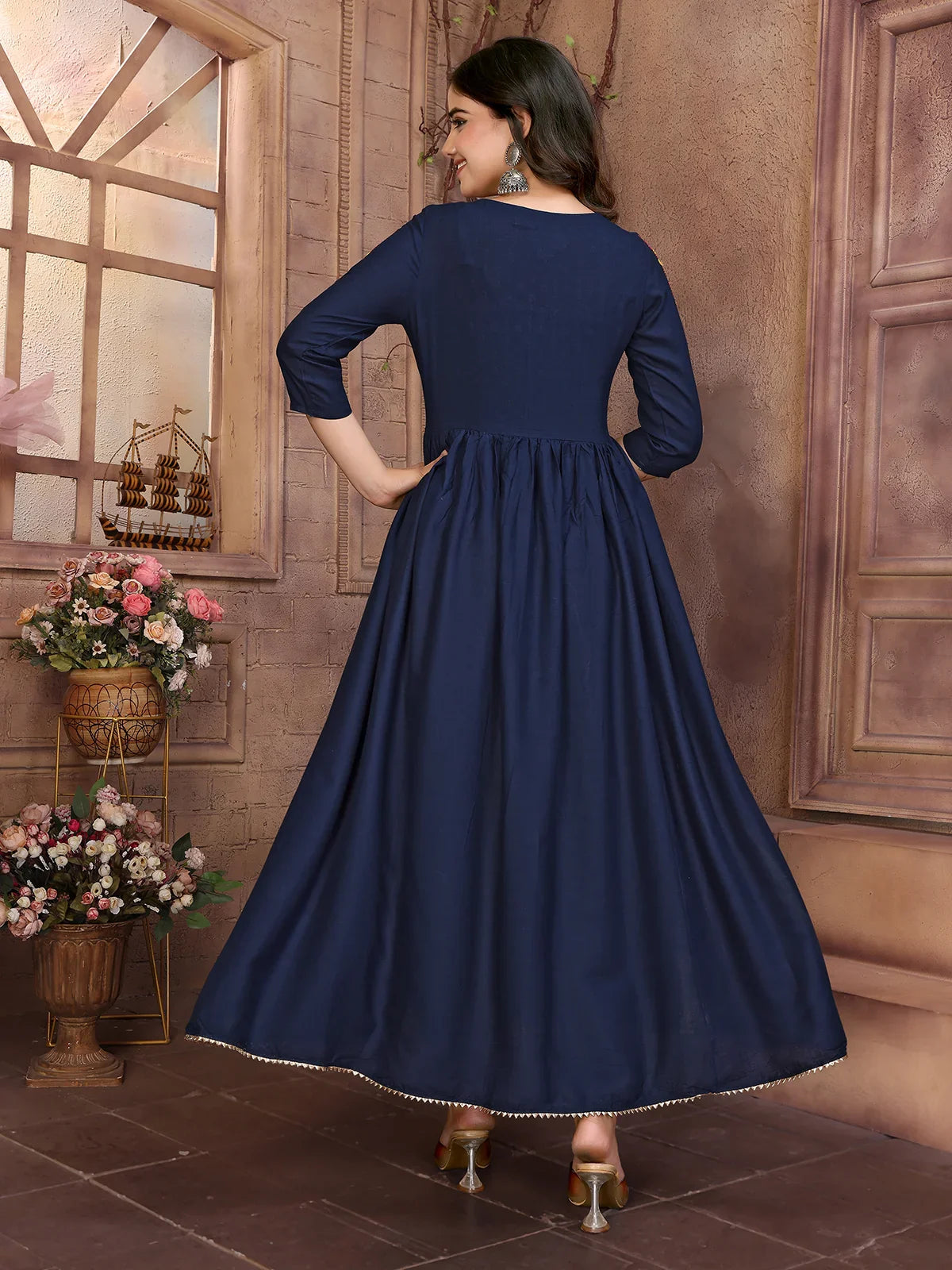 Buy Rayon Embroidered Calf Length Flared Kurta-Navy Blue