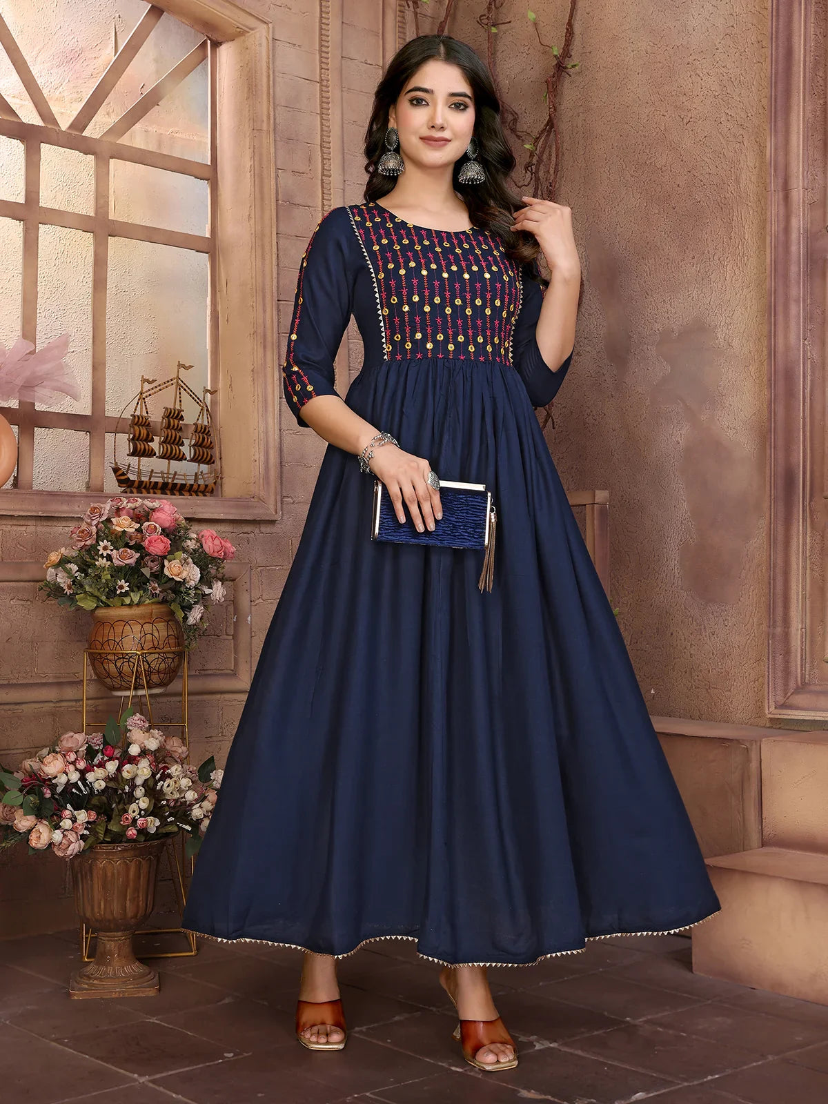 Buy Rayon Embroidered Calf Length Flared Kurta-Navy Blue