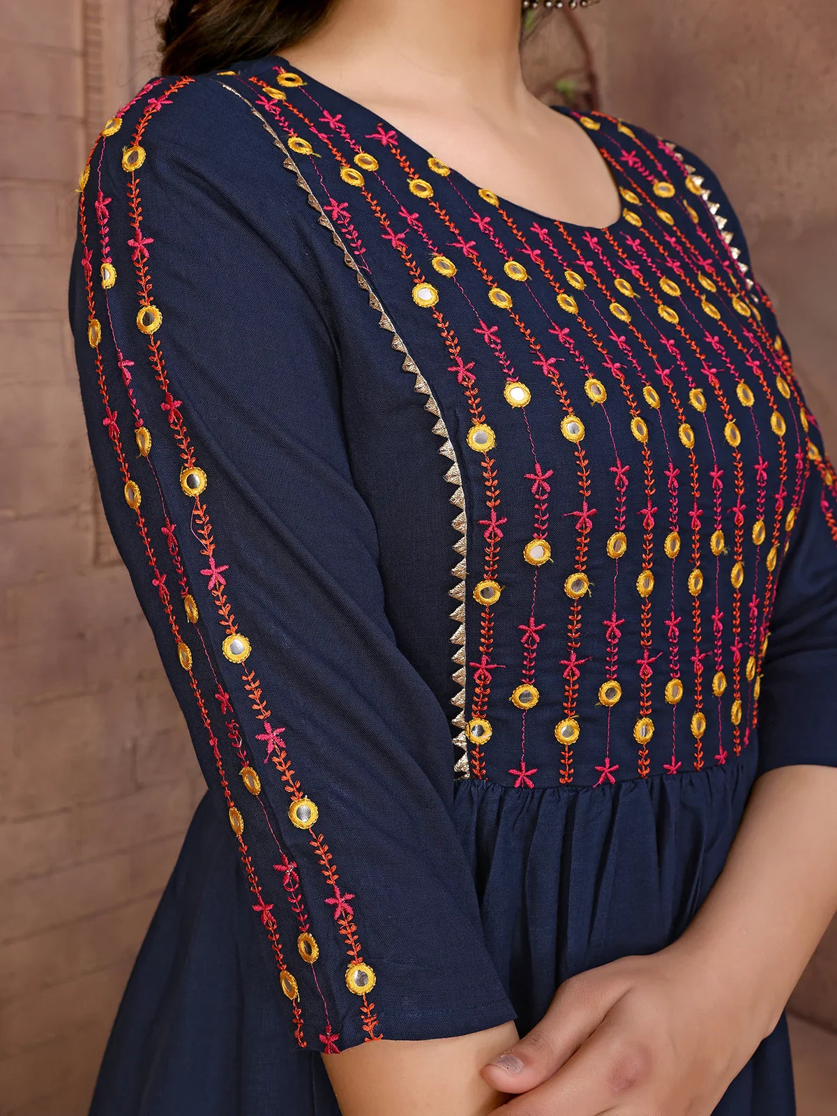 Buy Rayon Embroidered Calf Length Flared Kurta-Navy Blue