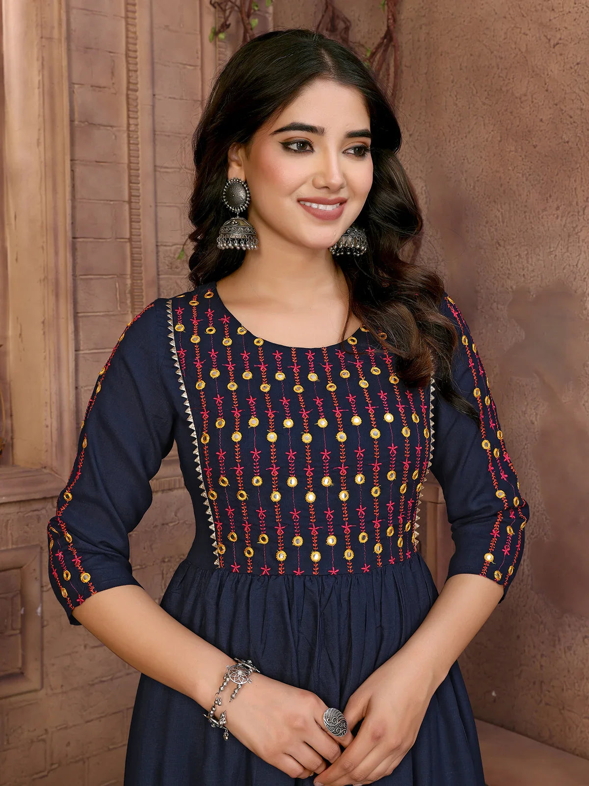 Buy Rayon Embroidered Calf Length Flared Kurta-Navy Blue