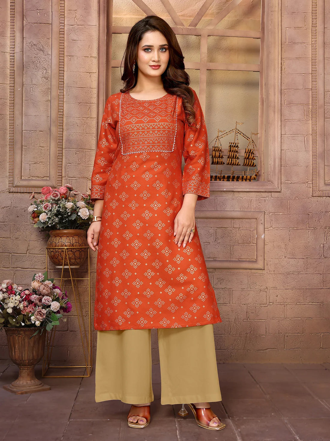 Buy Rayon Printed Knee Length Straight Kurta-Orange