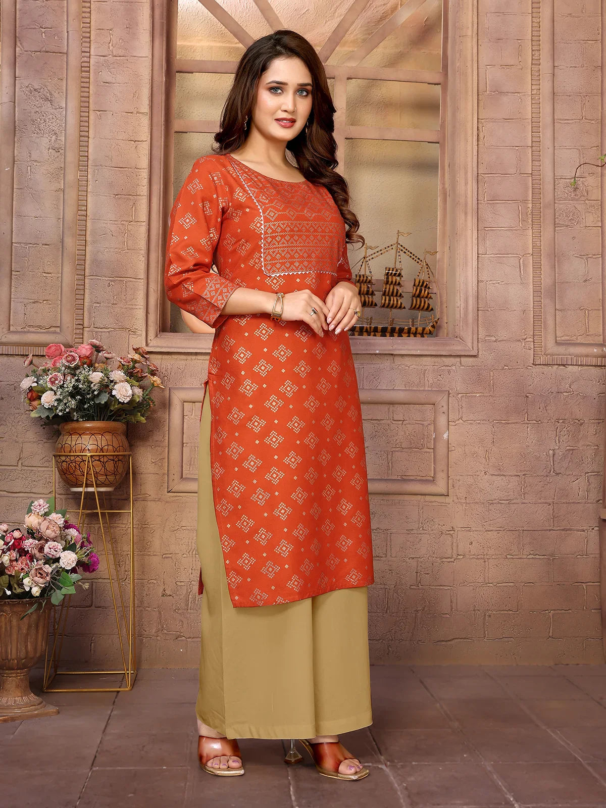 Buy Rayon Printed Knee Length Straight Kurta-Orange