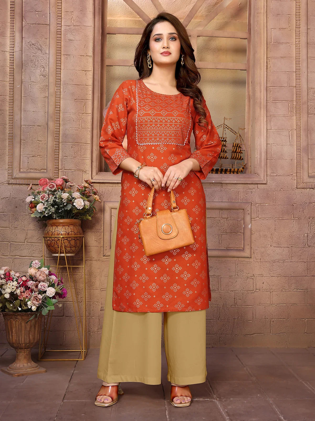 Buy Rayon Printed Knee Length Straight Kurta-Orange