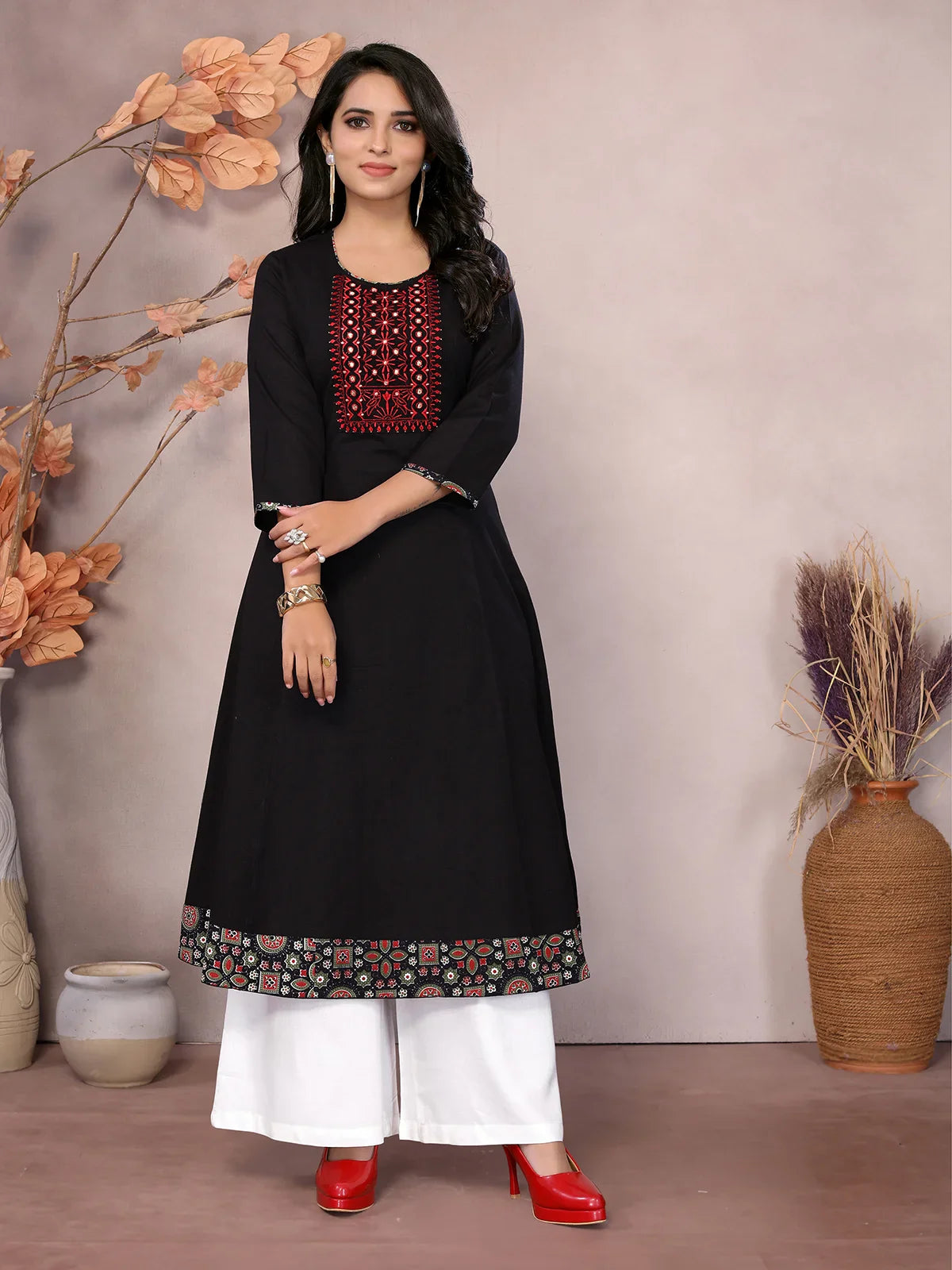 Buy Cotton Embroidered Calf Length Flared Kurta-Black