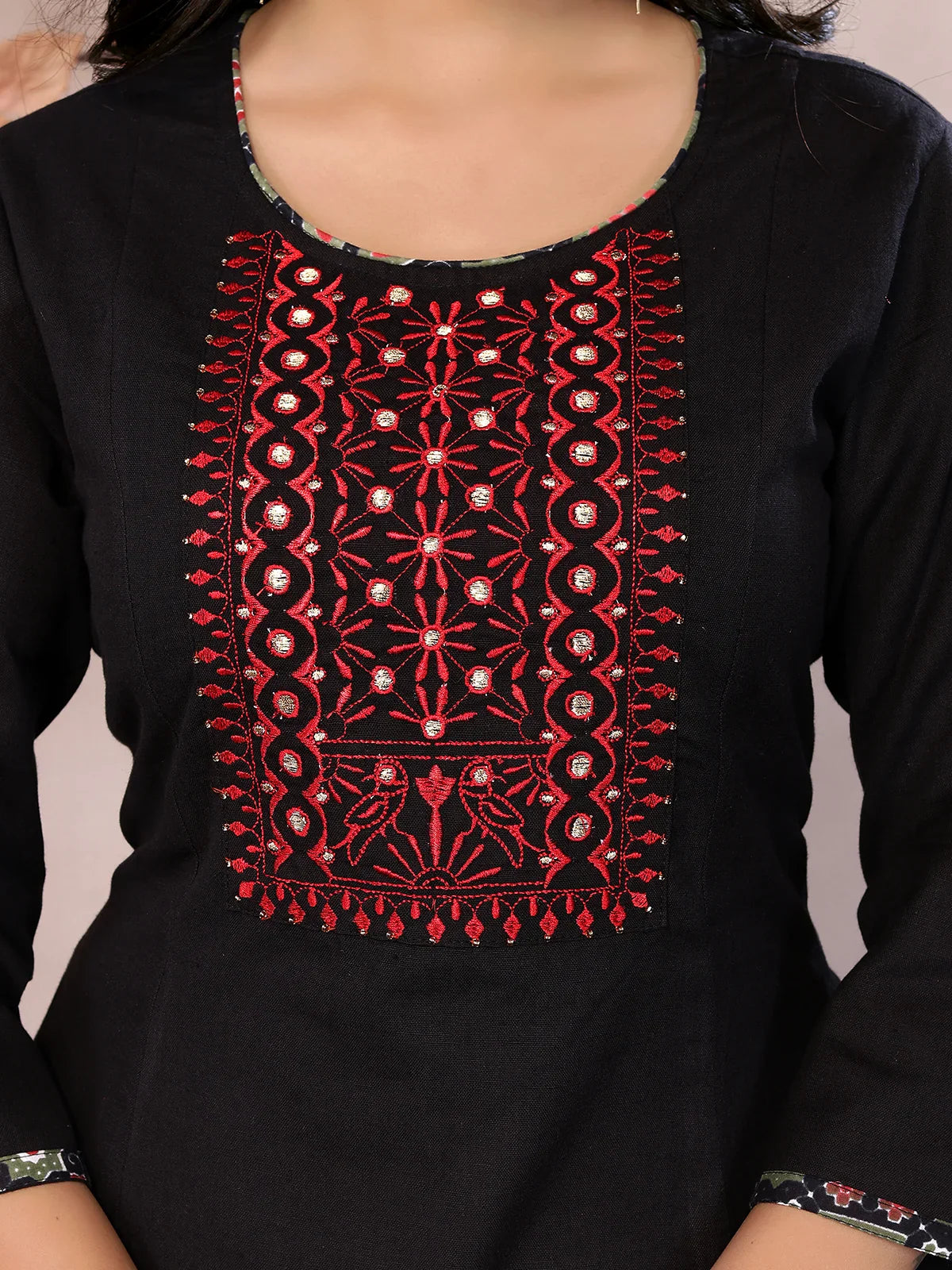 Buy Cotton Embroidered Calf Length Flared Kurta-Black