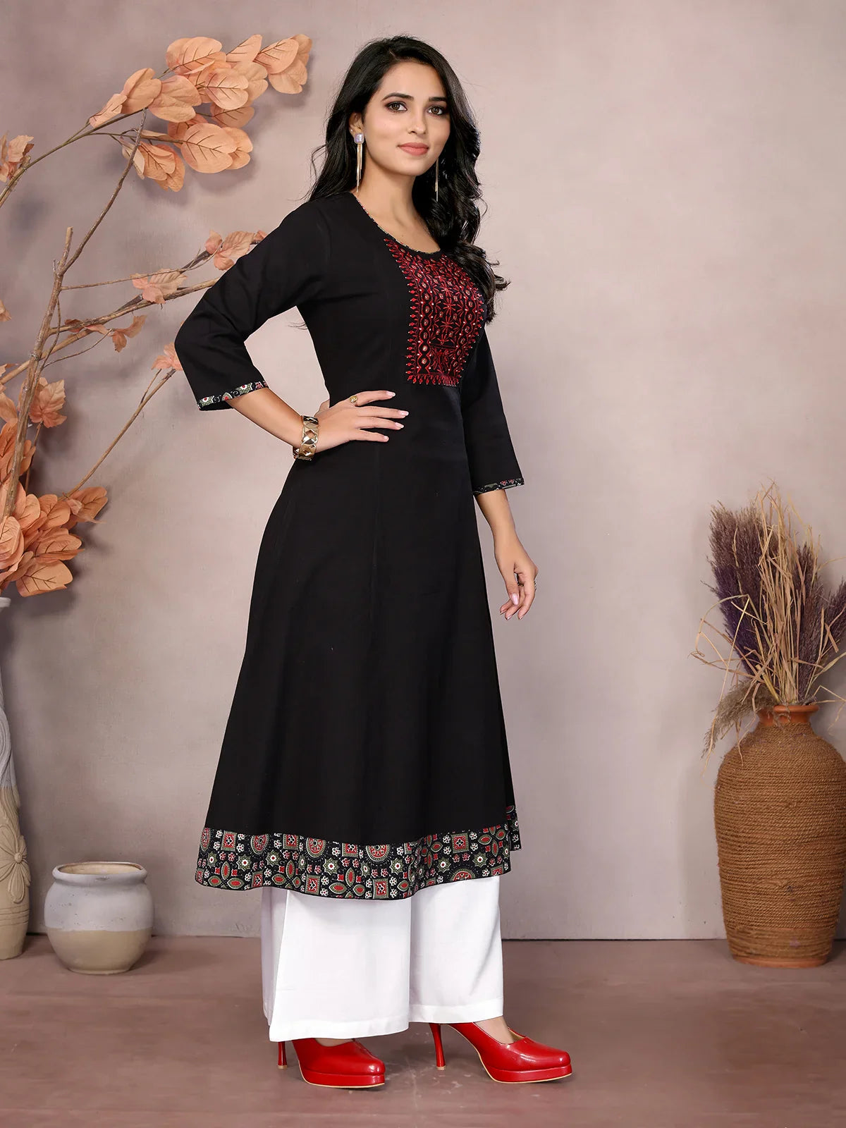 Buy Cotton Embroidered Calf Length Flared Kurta-Black