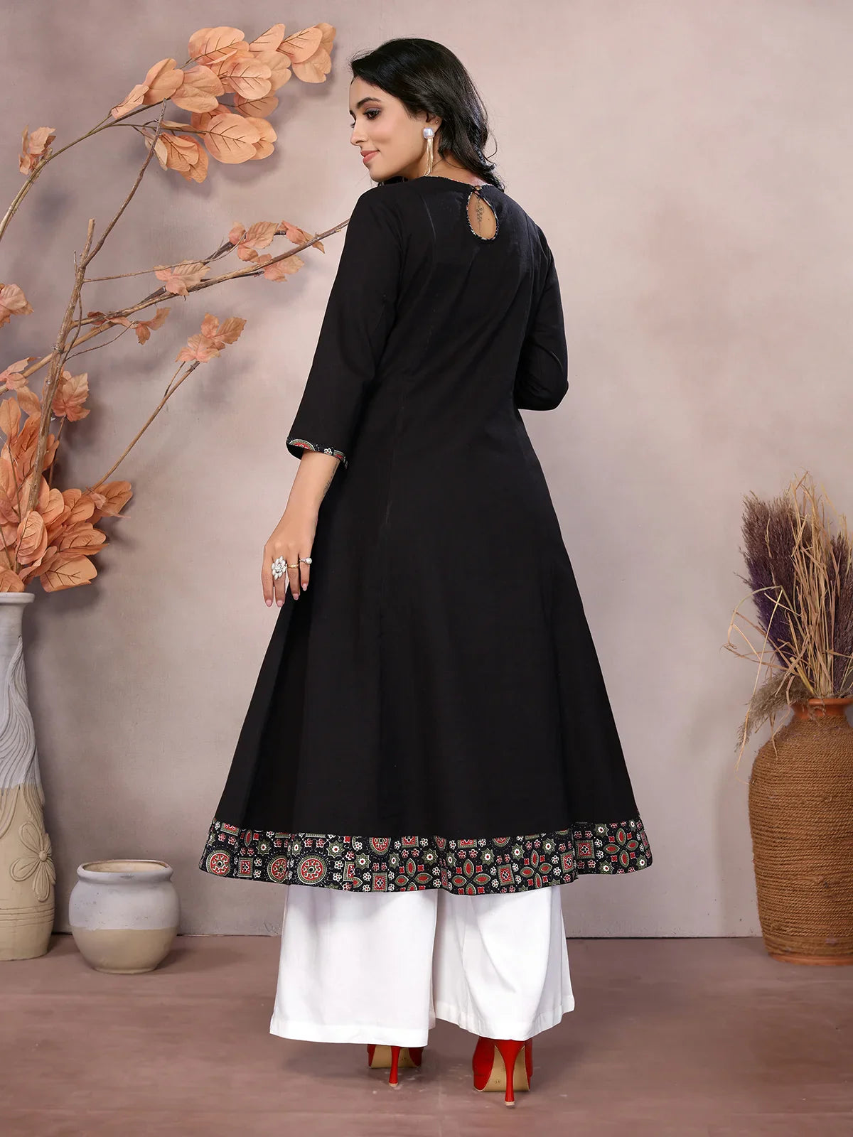 Buy Cotton Embroidered Calf Length Flared Kurta-Black