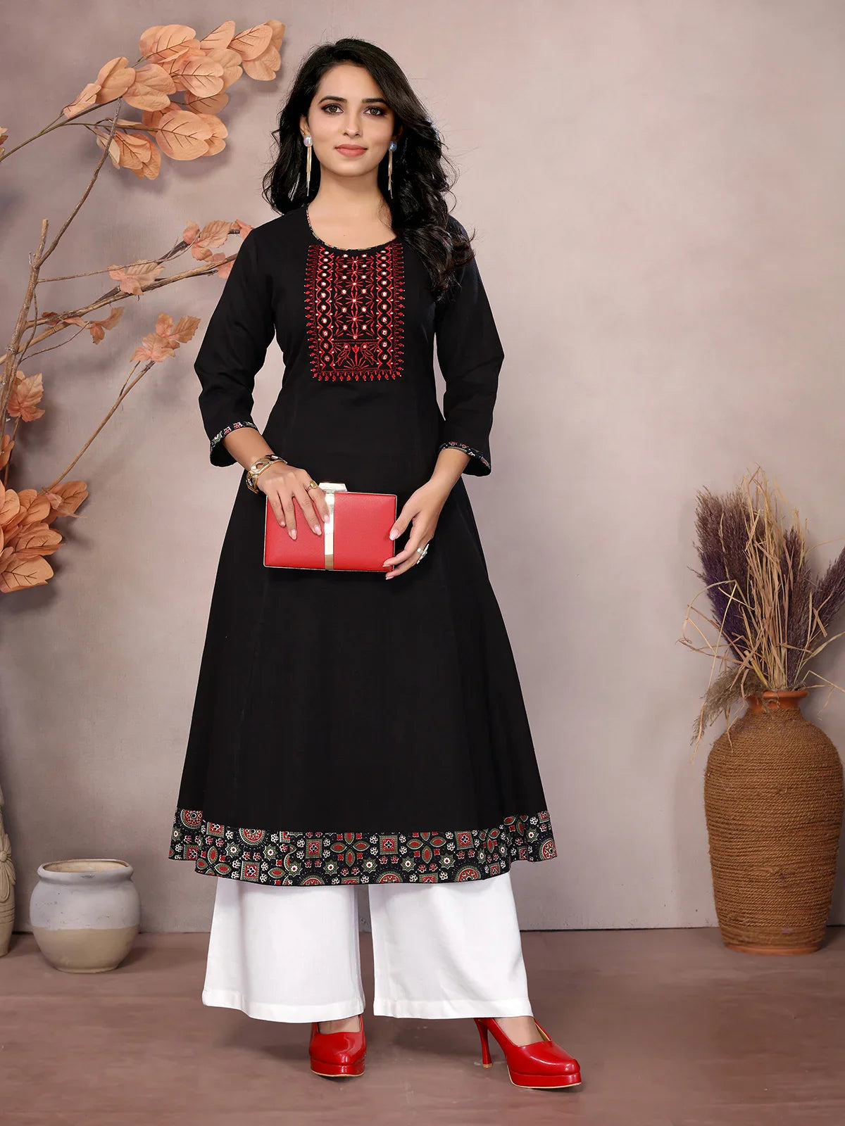 Buy Cotton Embroidered Calf Length Flared Kurta-Black