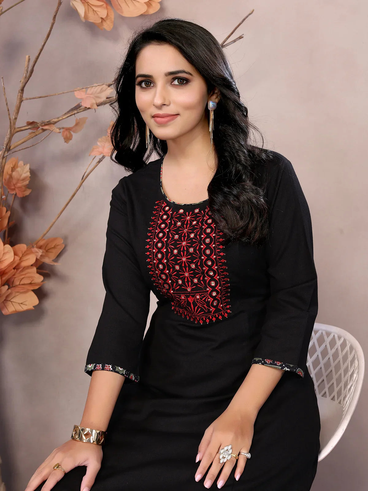 Buy Cotton Embroidered Calf Length Flared Kurta-Black