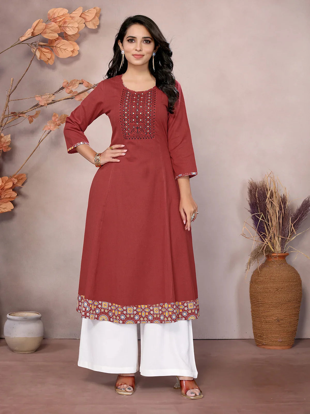 Buy Cotton Embroidered Calf Length Flared Kurta-Maroon