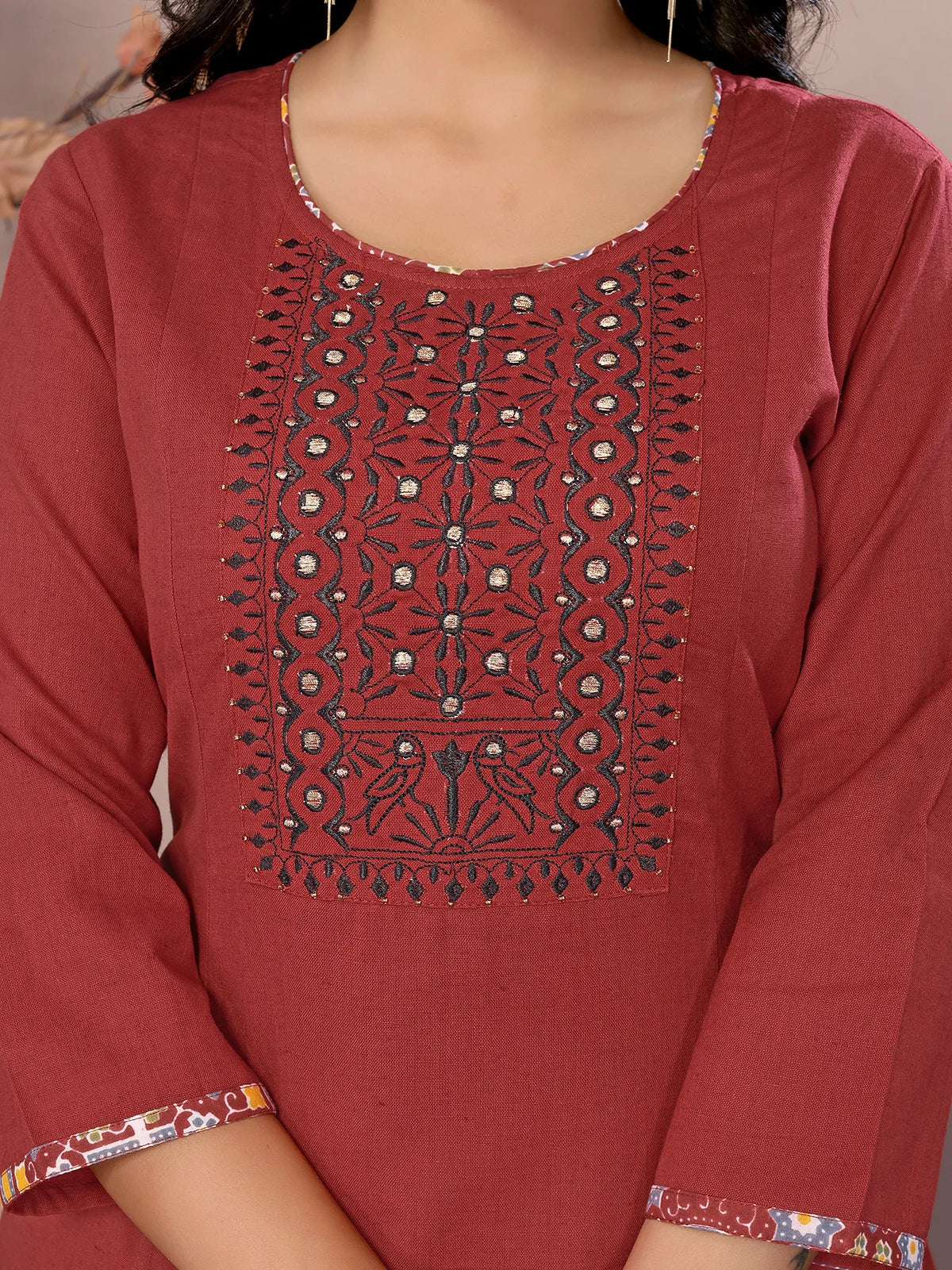 Buy Cotton Embroidered Calf Length Flared Kurta-Maroon