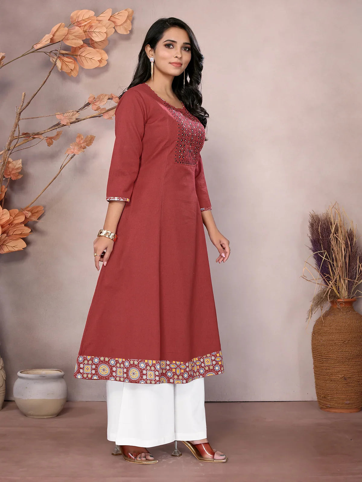 Buy Cotton Embroidered Calf Length Flared Kurta-Maroon