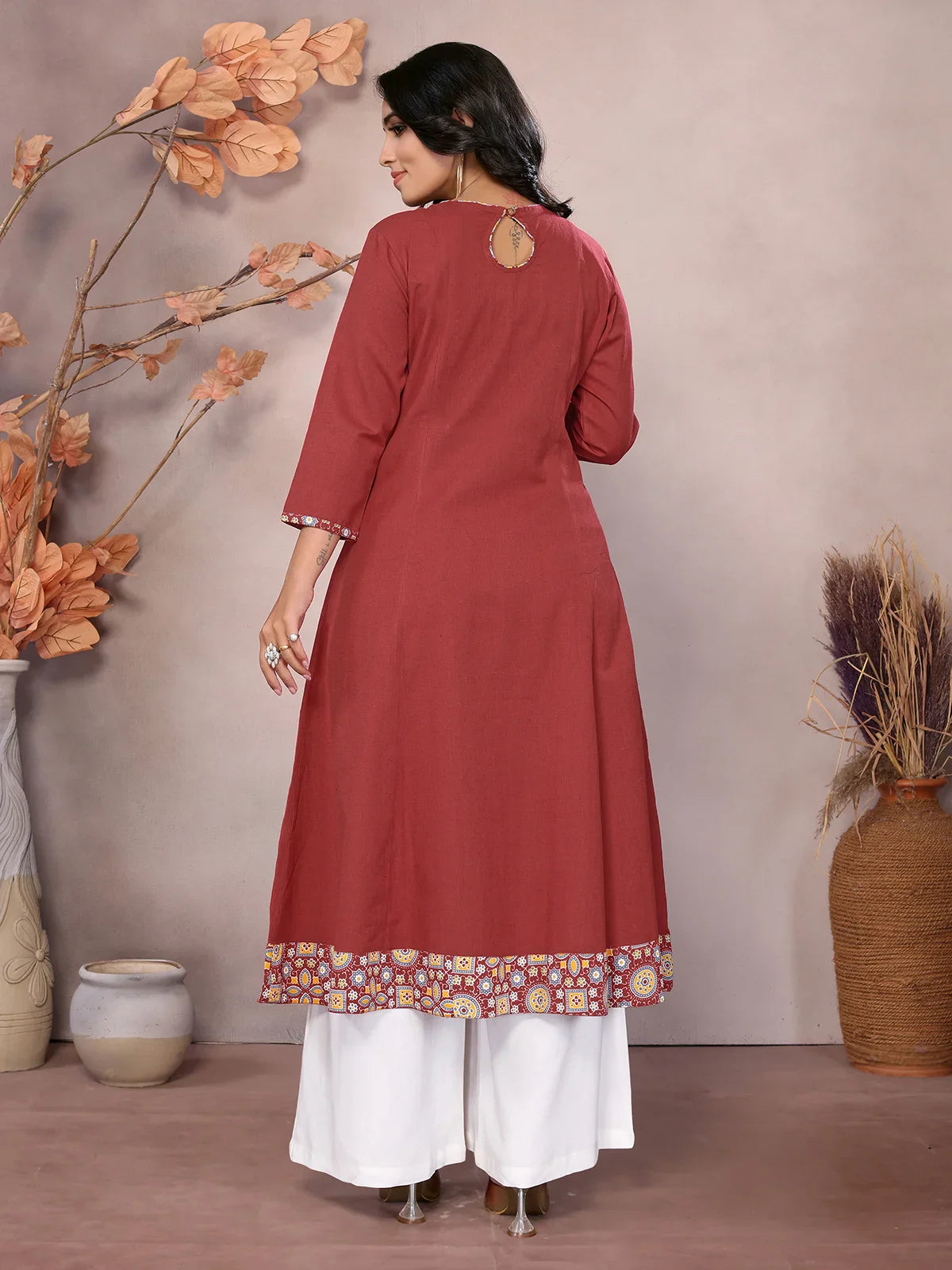 Buy Cotton Embroidered Calf Length Flared Kurta-Maroon