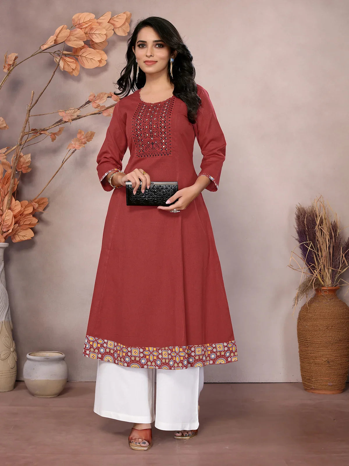 Buy Cotton Embroidered Calf Length Flared Kurta-Maroon