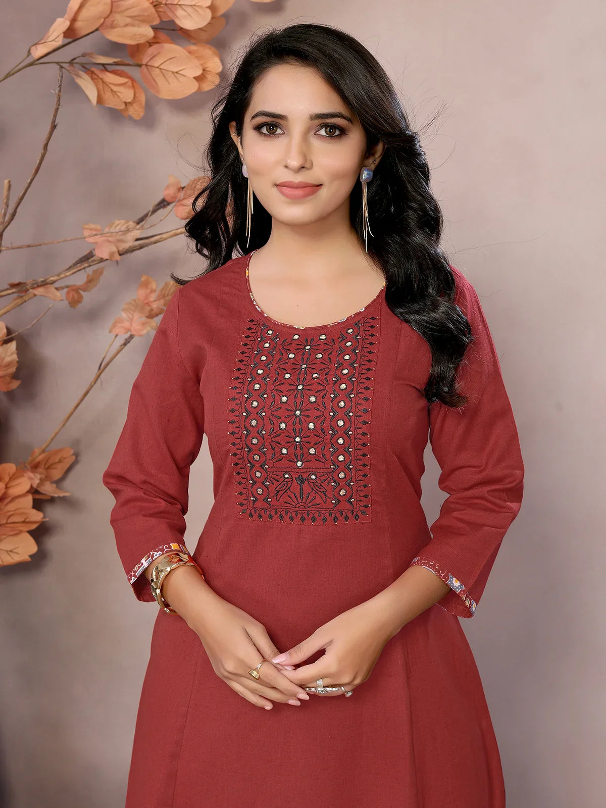 Buy Cotton Embroidered Calf Length Flared Kurta-Maroon