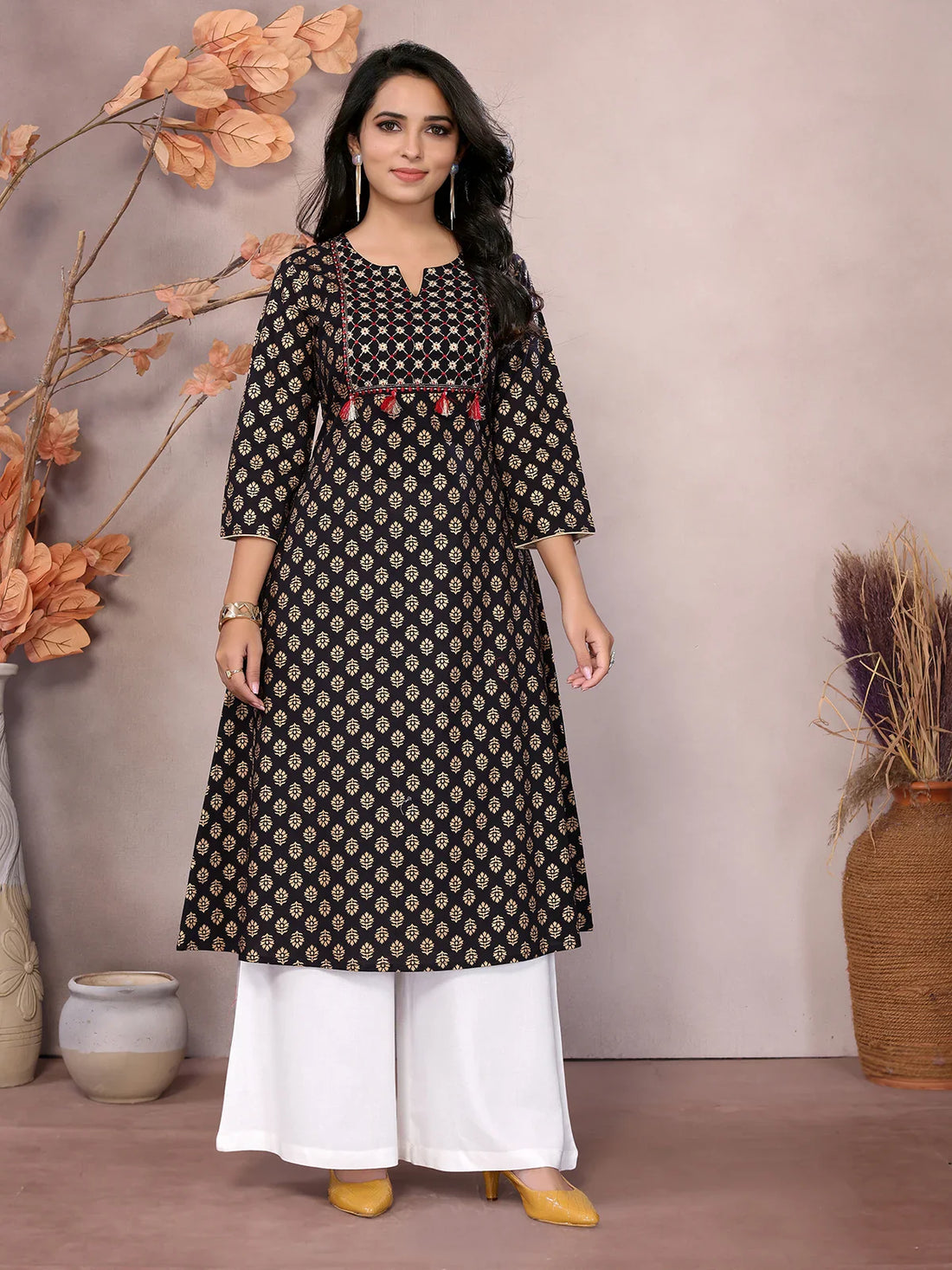 Buy Cotton Embroidered Calf Length A-Line Kurta-Black