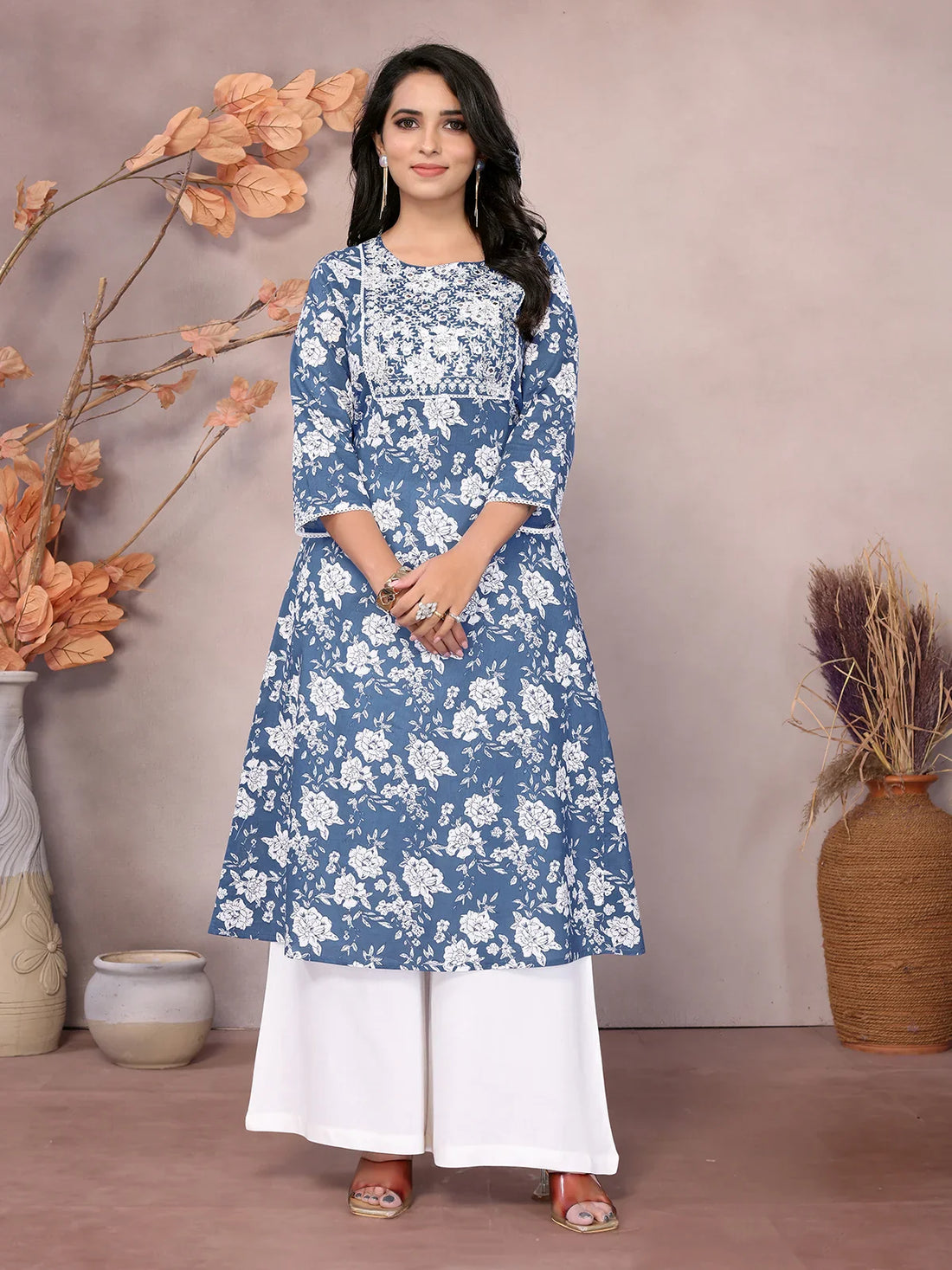 Buy Cotton Embroidered Calf Length A-Line Kurta-Blue