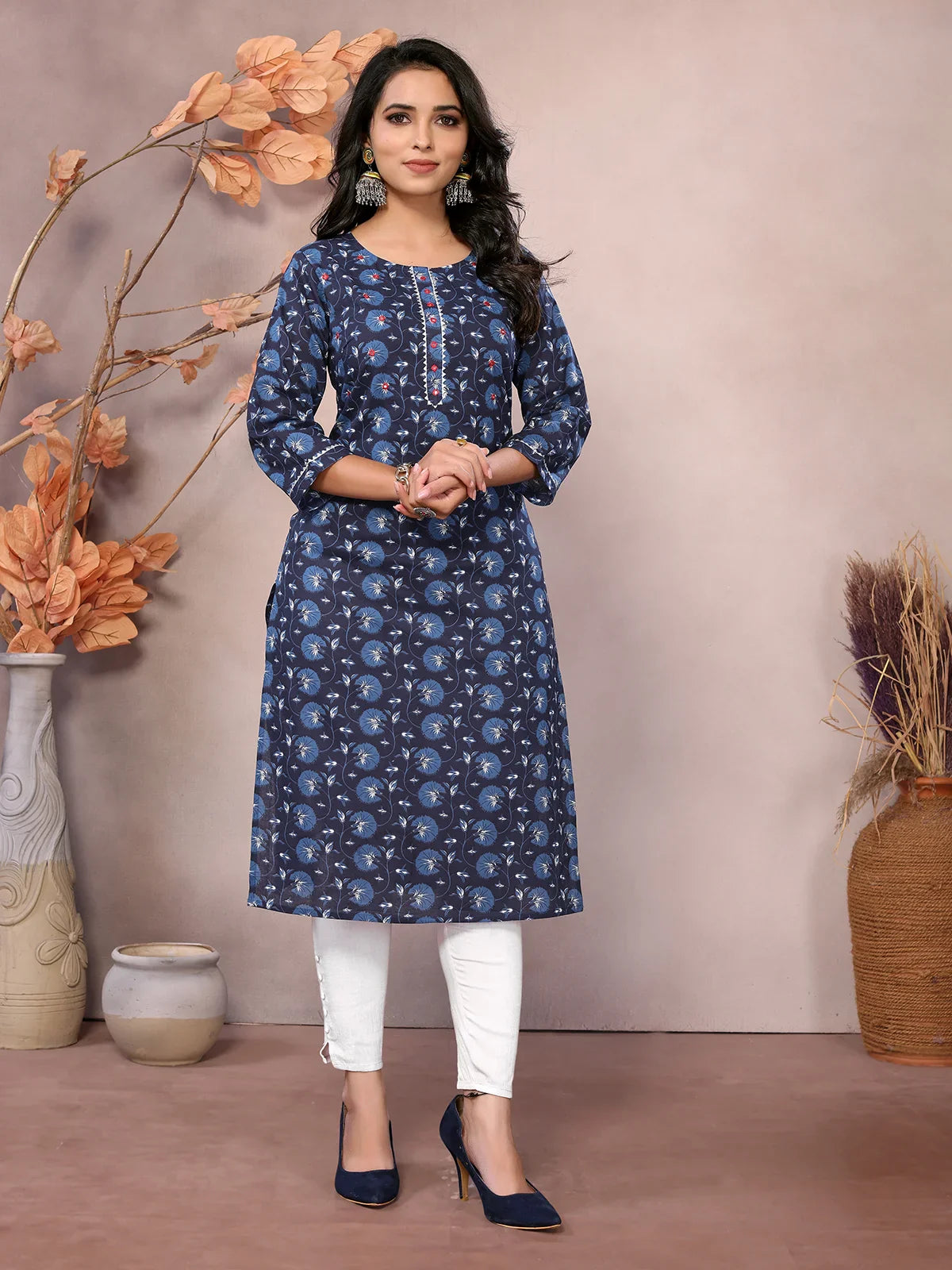 Buy Cotton Embroidered Knee Length Straight Kurta-Blue